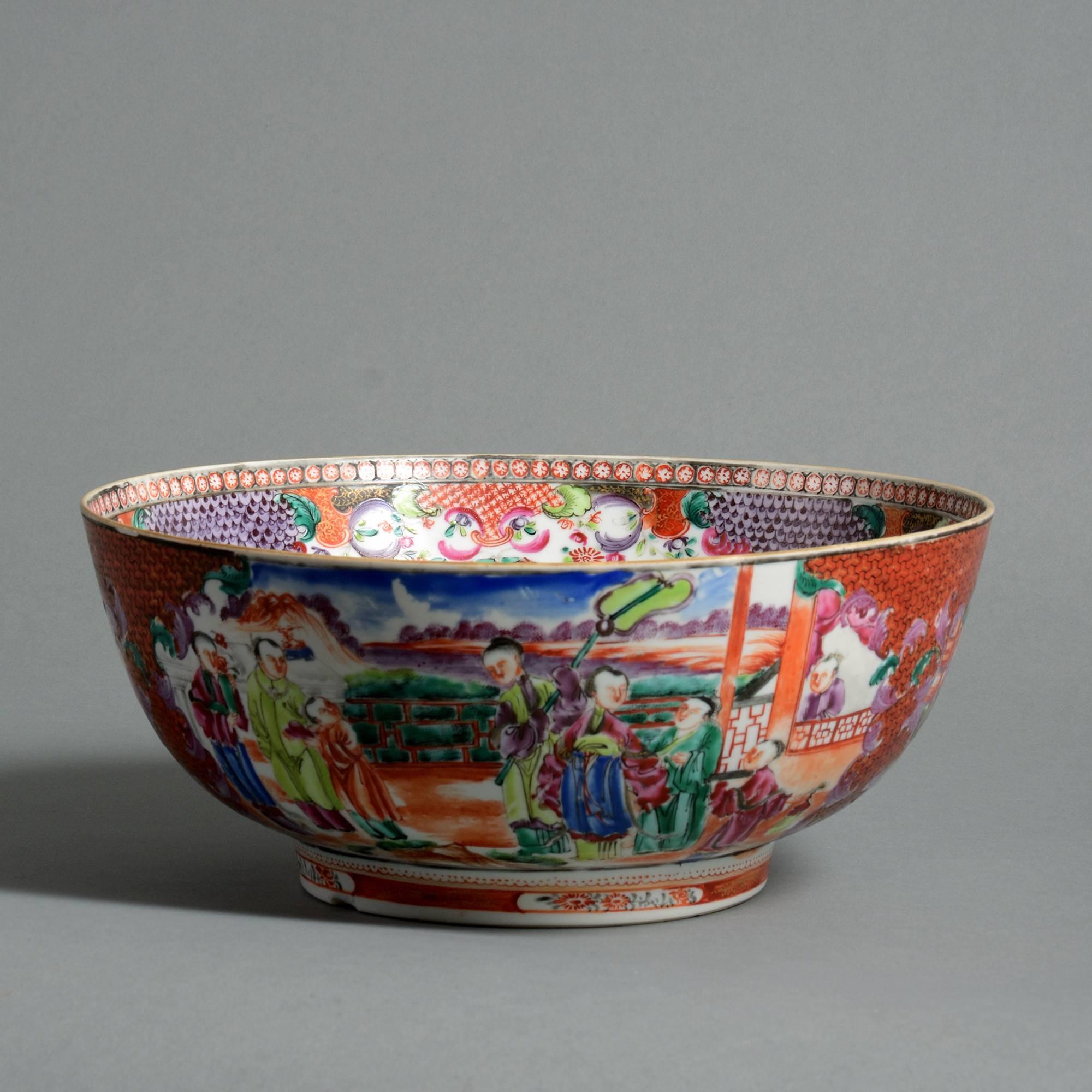 A fine late 18th century Export Market Famille rose porcelain punch bowl, with figurative scenes and floral decoration. 

Qing dynasty, Qianlong Period (1736-1795). 

Condition: Good, with firing fault to the foot.