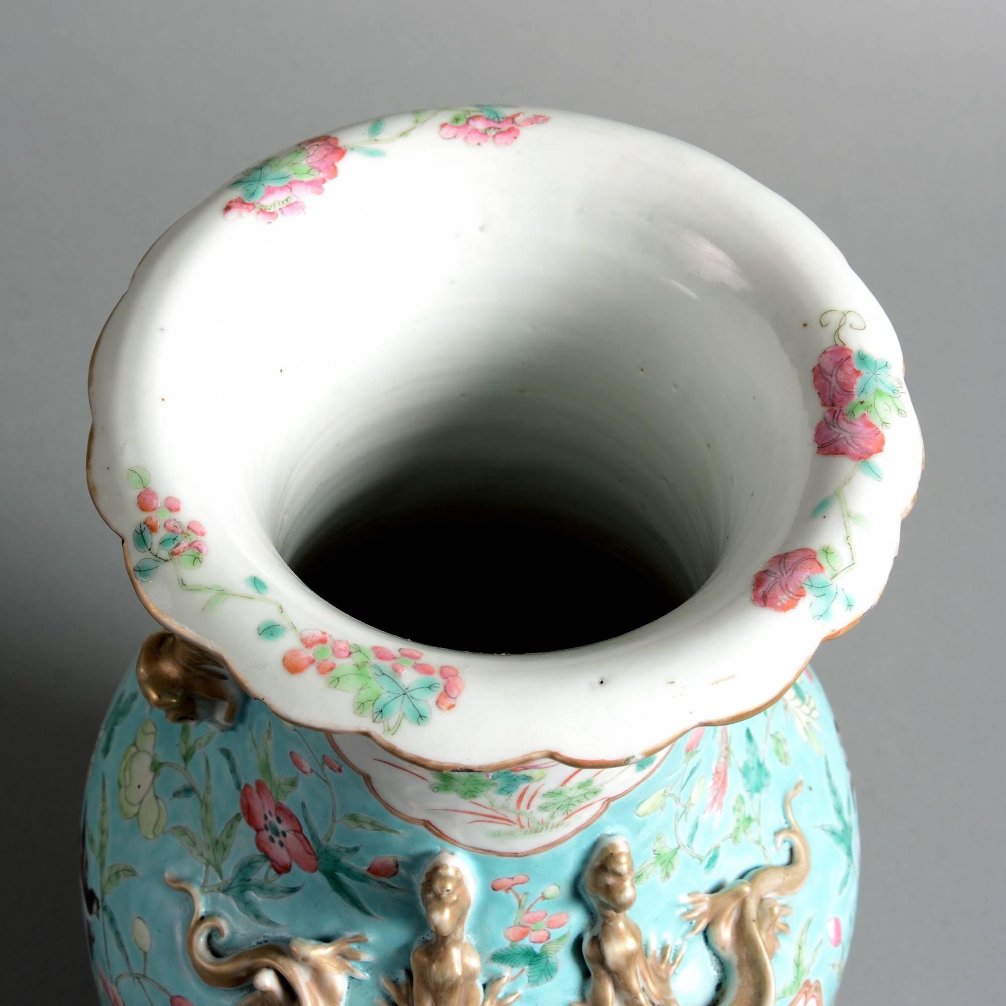 Chinese 19th Century Turquoise Glazed Canton Porcelain Vase