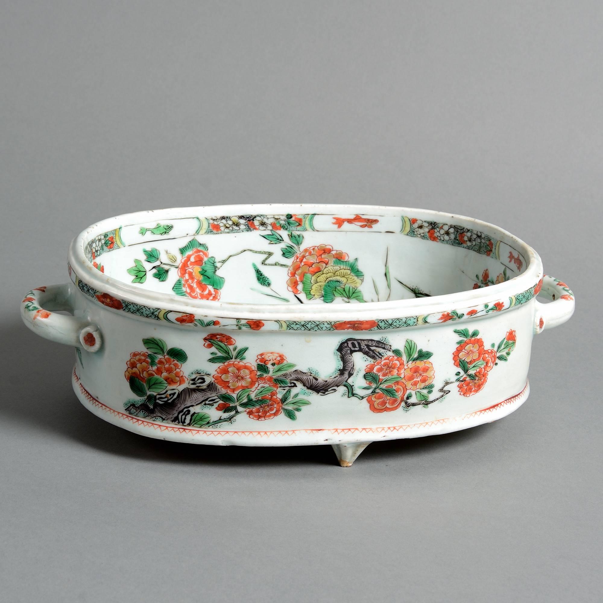 Chinese Two Qing 18th Century Kangxi Oval Porcelain Jardinières with stylized peonies