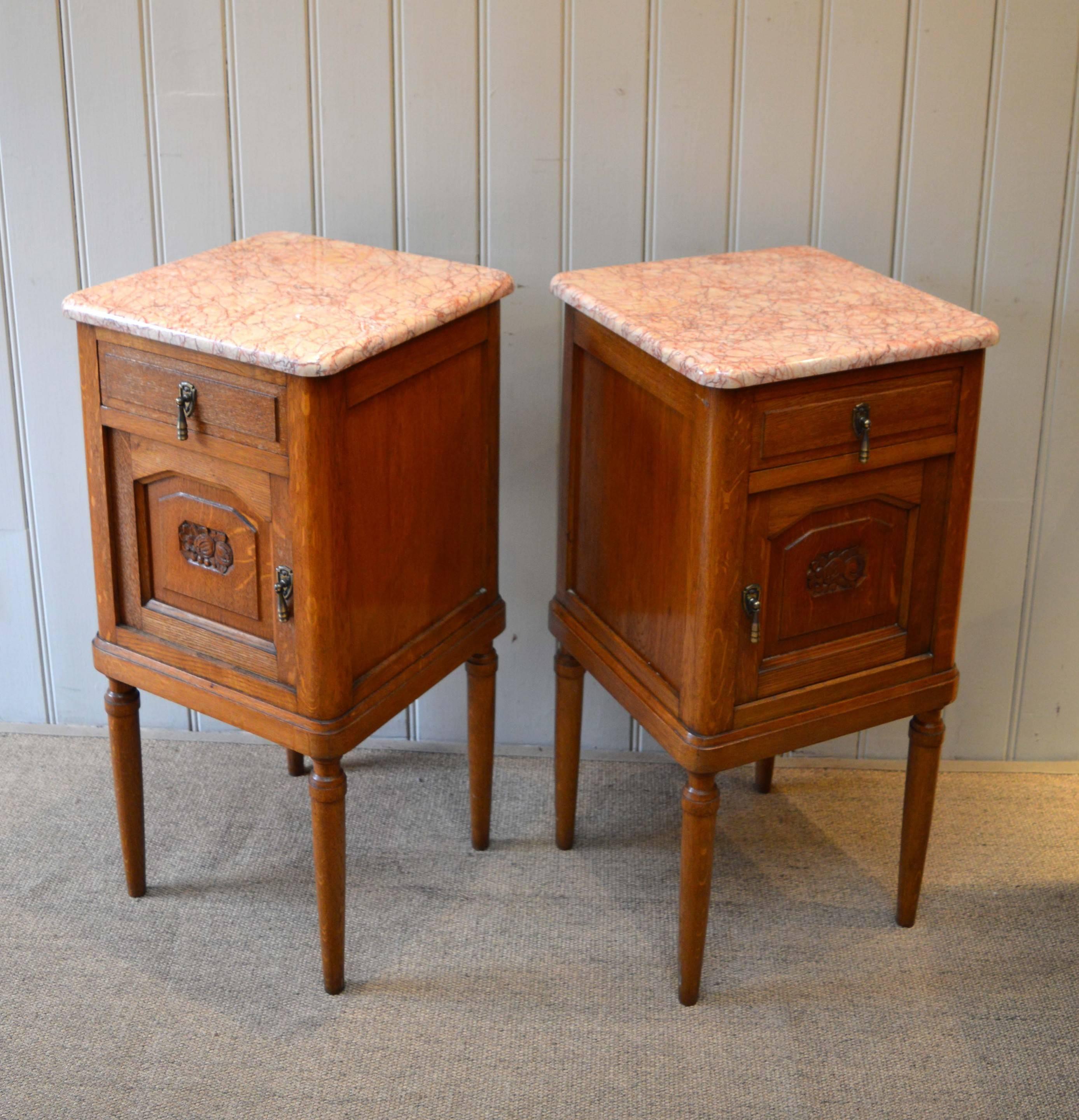 English Pair of Oak Marble-Top Bedside Cabinets