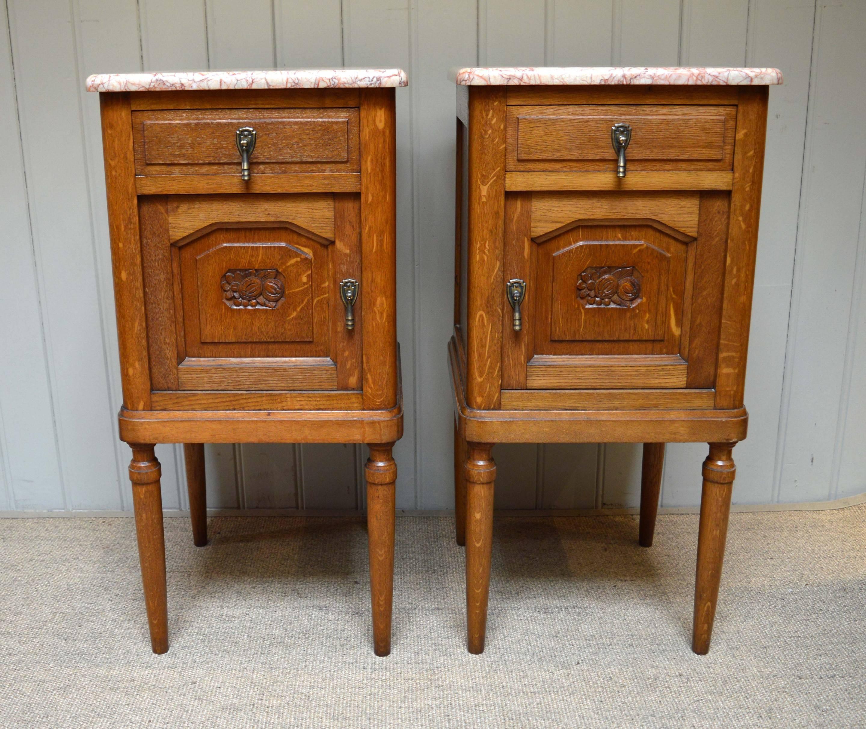 Pair of Oak Marble-Top Bedside Cabinets 2