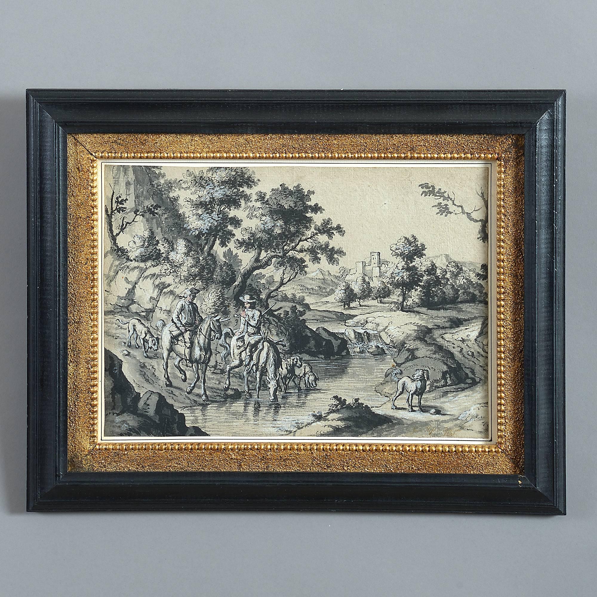 A pair of early 18th century sepia hunting scenes, painted in pen and ink upon paper, depicting men on horseback with hounds and the faces highlighted in gouache.

Ludwig Hess 