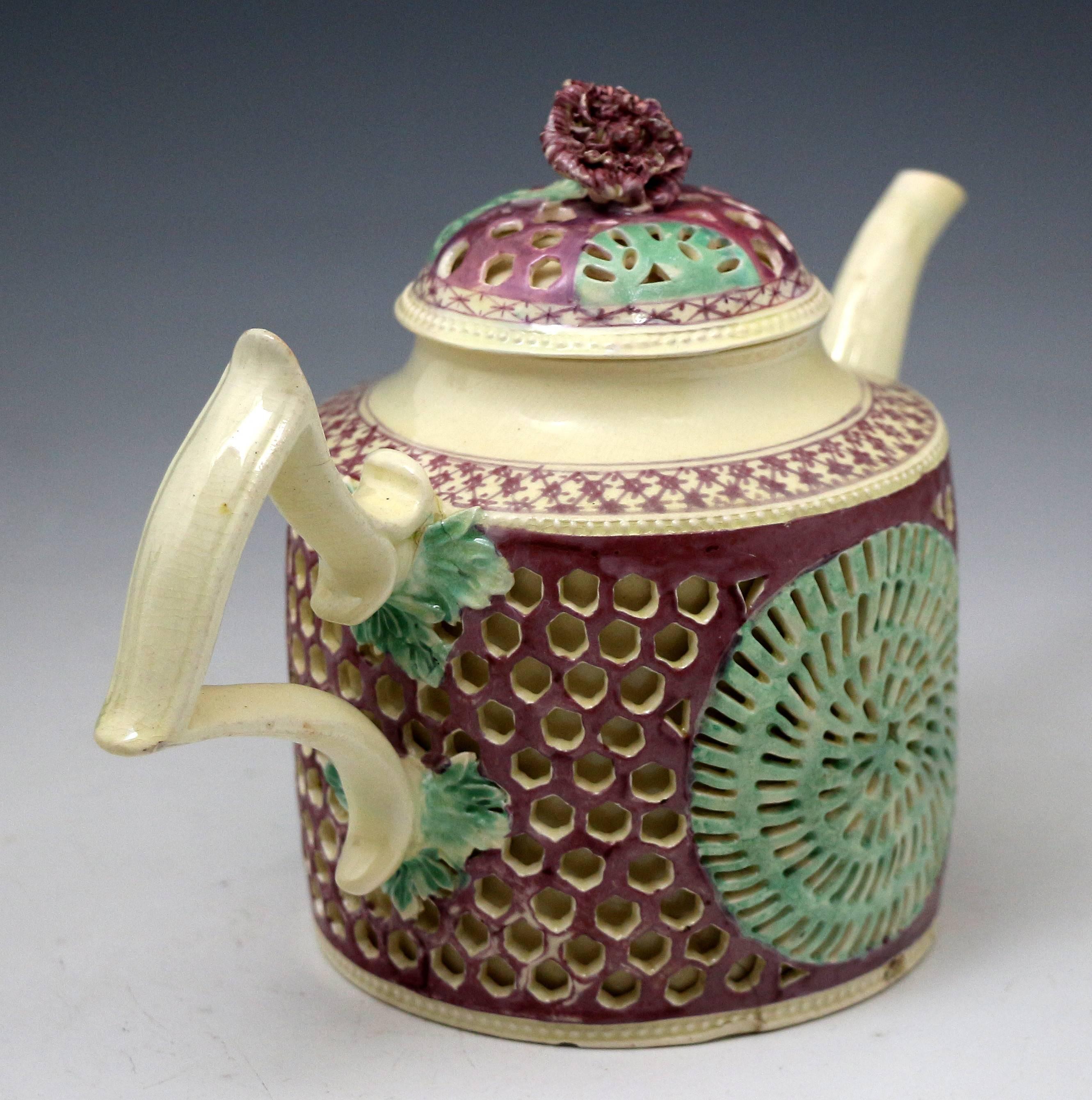 English Antique Mid-18th Century Creamware Double Walled Reticulated Teapot