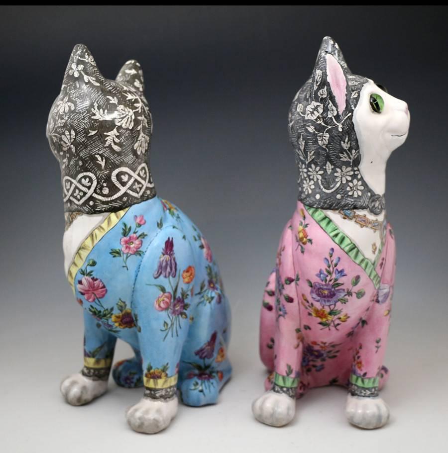 French Pair of Antique Emile Galle Pottery Comical Cats, circa 1900