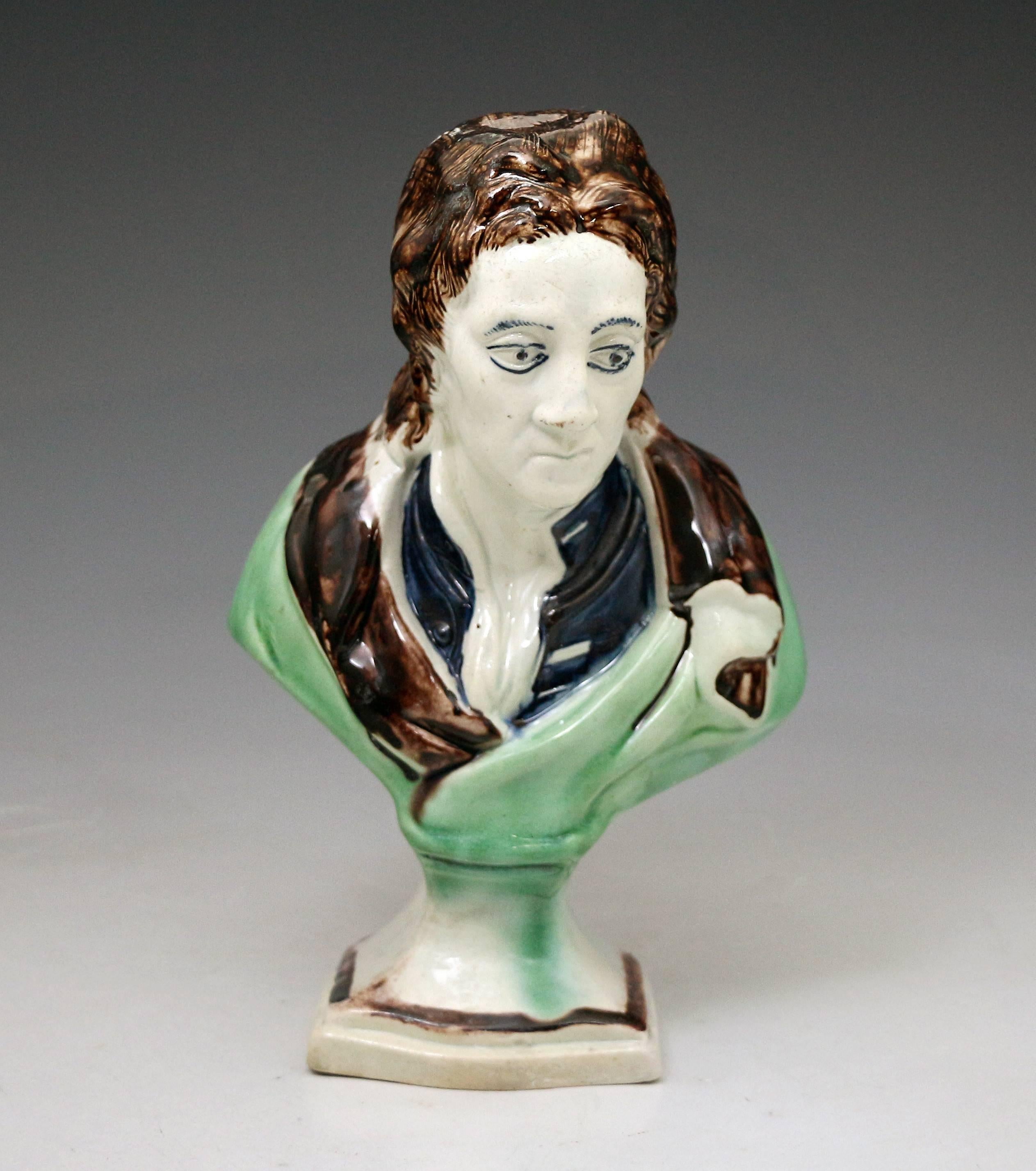 Antique pottery bust in colored glazes in the Ralph Wood fashion of the English poet "John Milton".