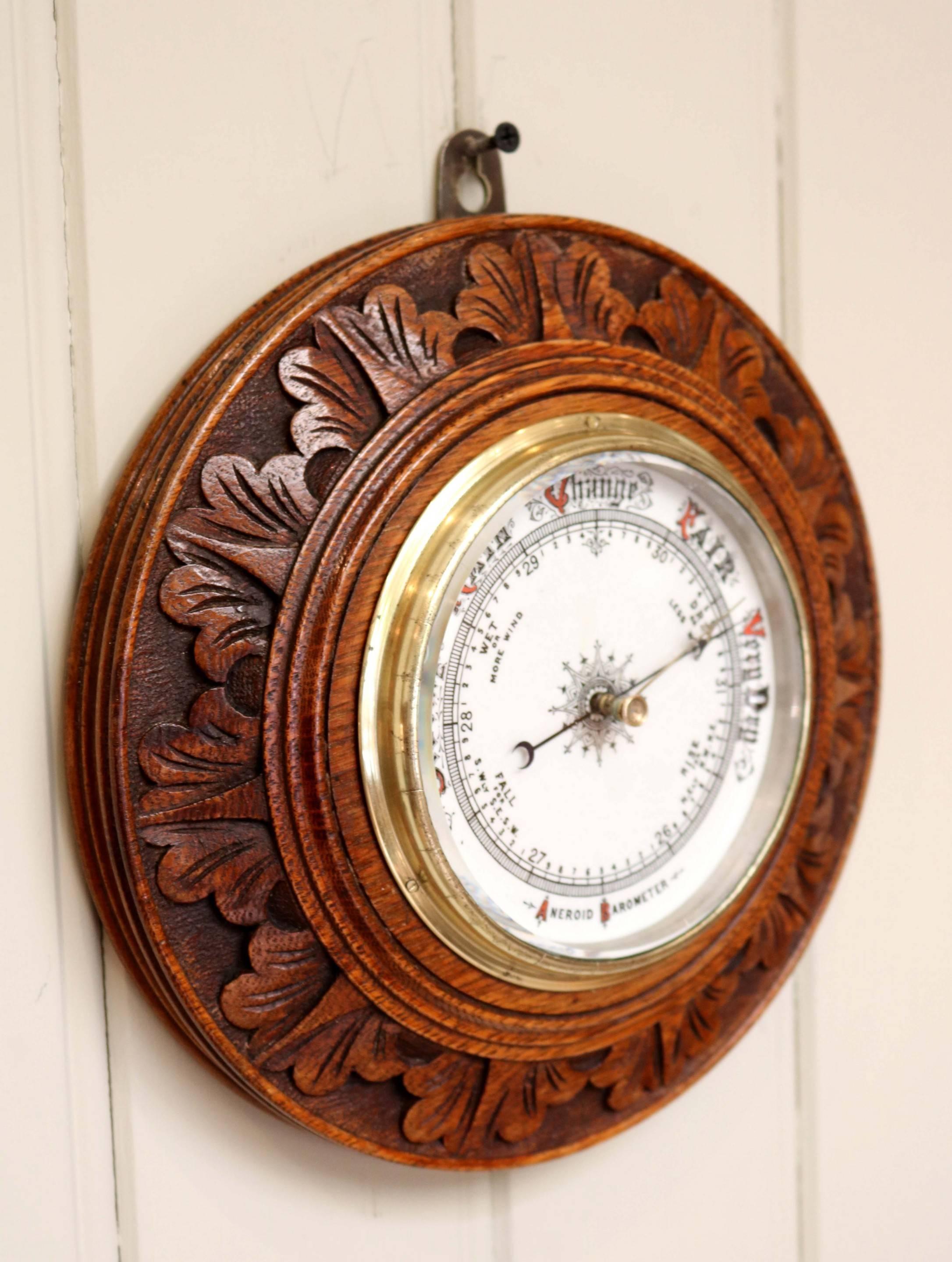 English Edwardian Carved Circular Oak Barometer