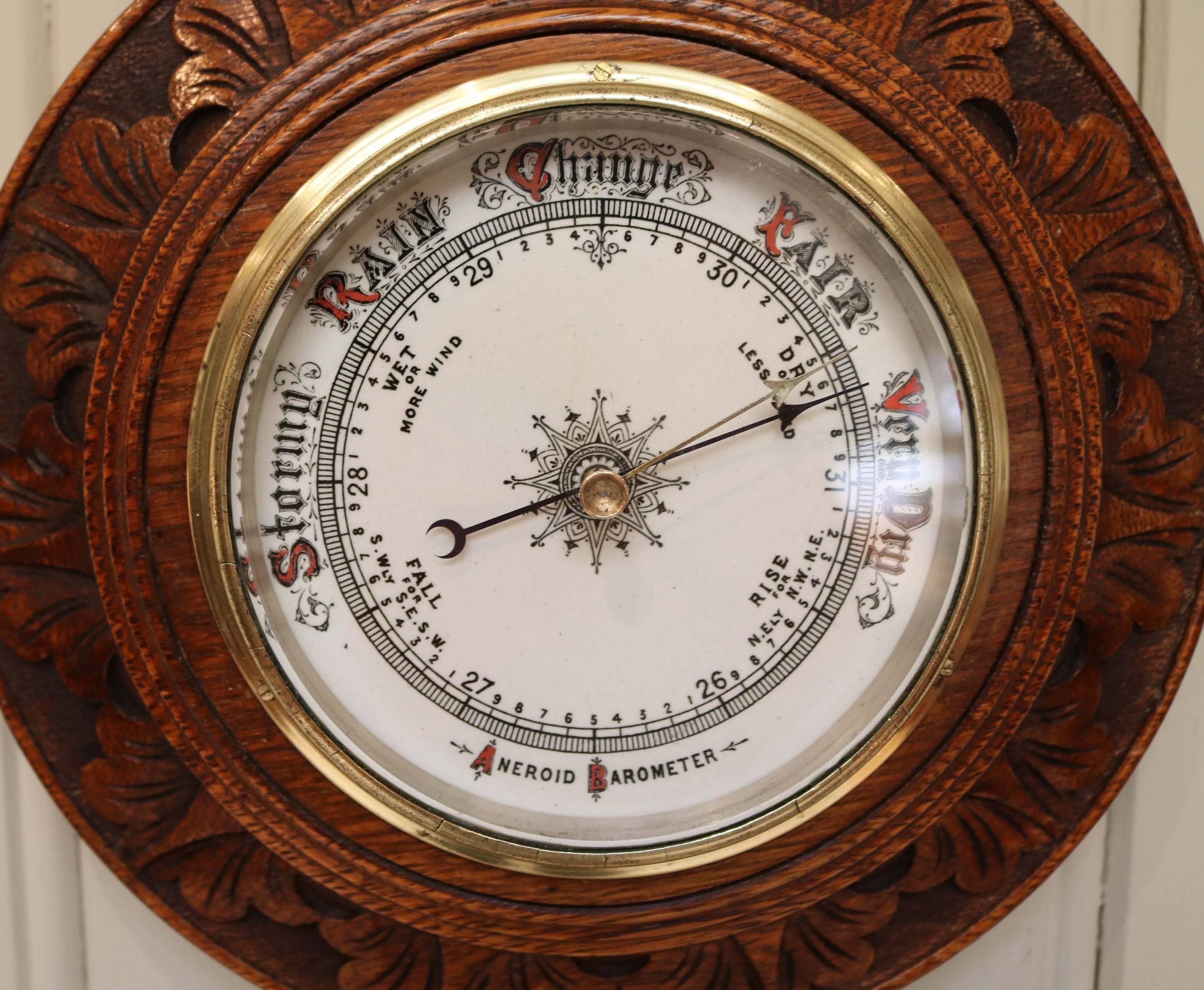 Edwardian Carved Circular Oak Barometer In Good Condition In Buckinghamshire, GB