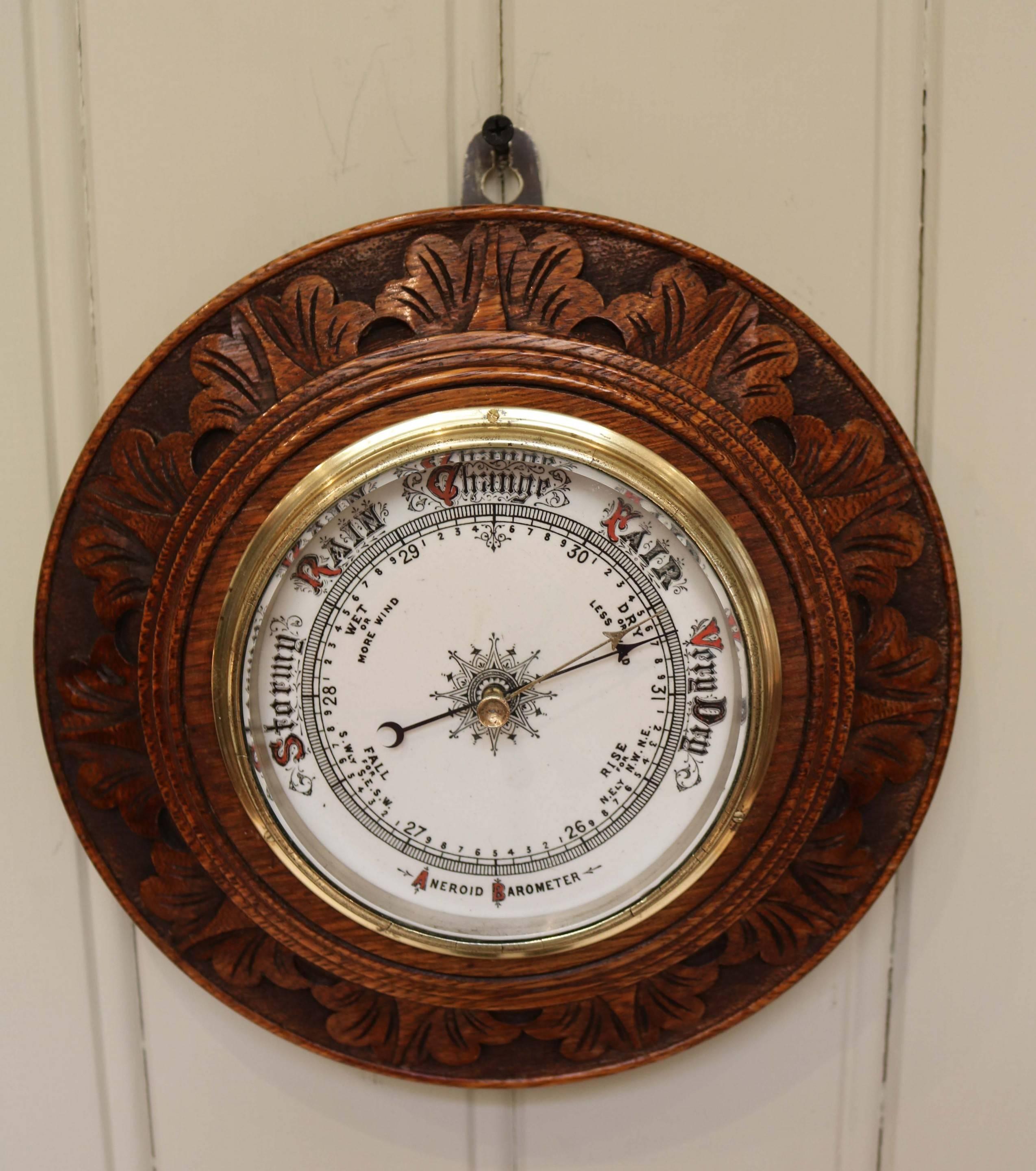 20th Century Edwardian Carved Circular Oak Barometer