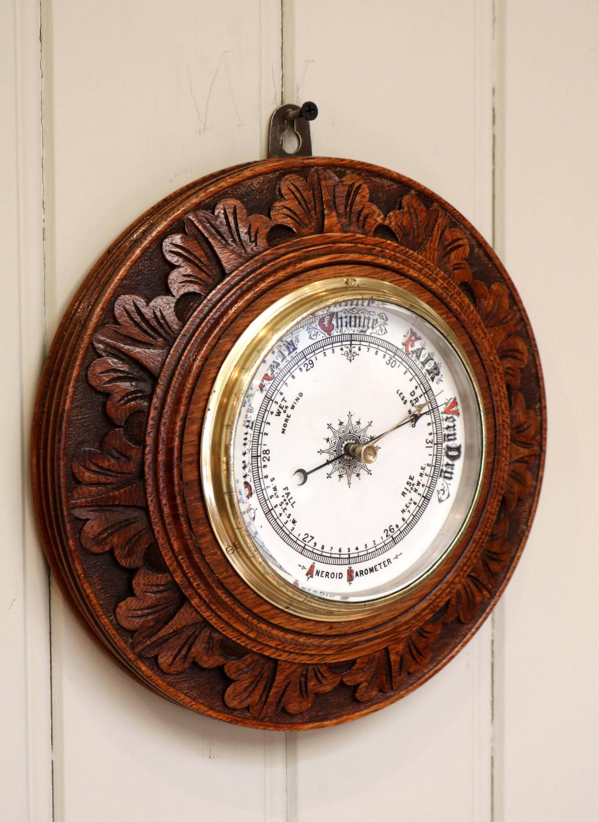 Edwardian Carved Circular Oak Barometer 1