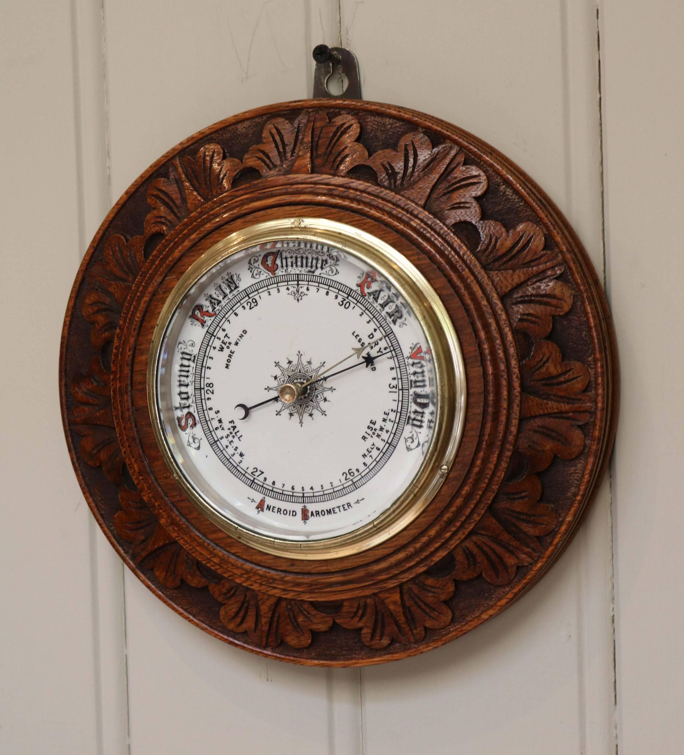 Edwardian Carved Circular Oak Barometer 2