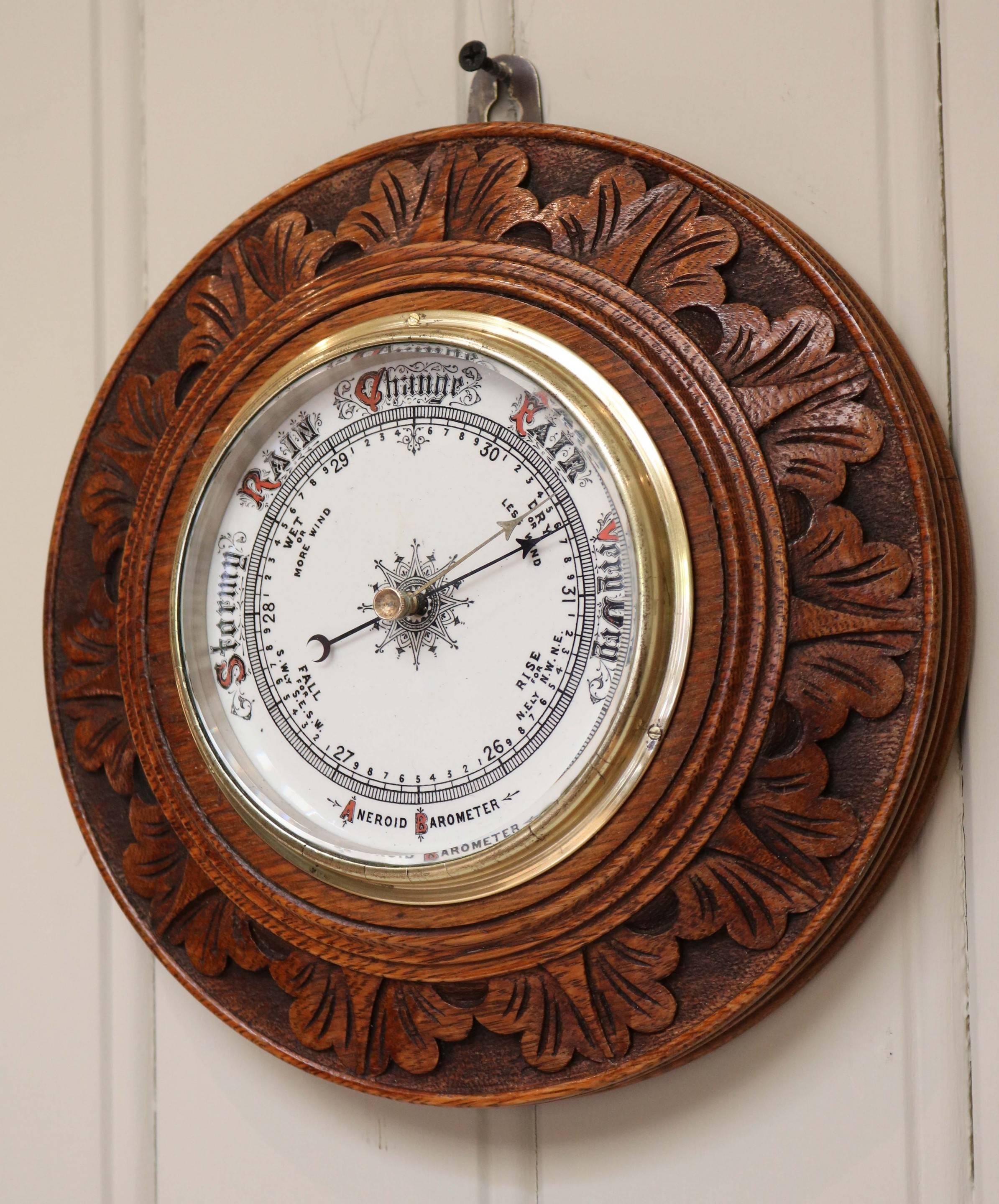 Edwardian Carved Circular Oak Barometer 3