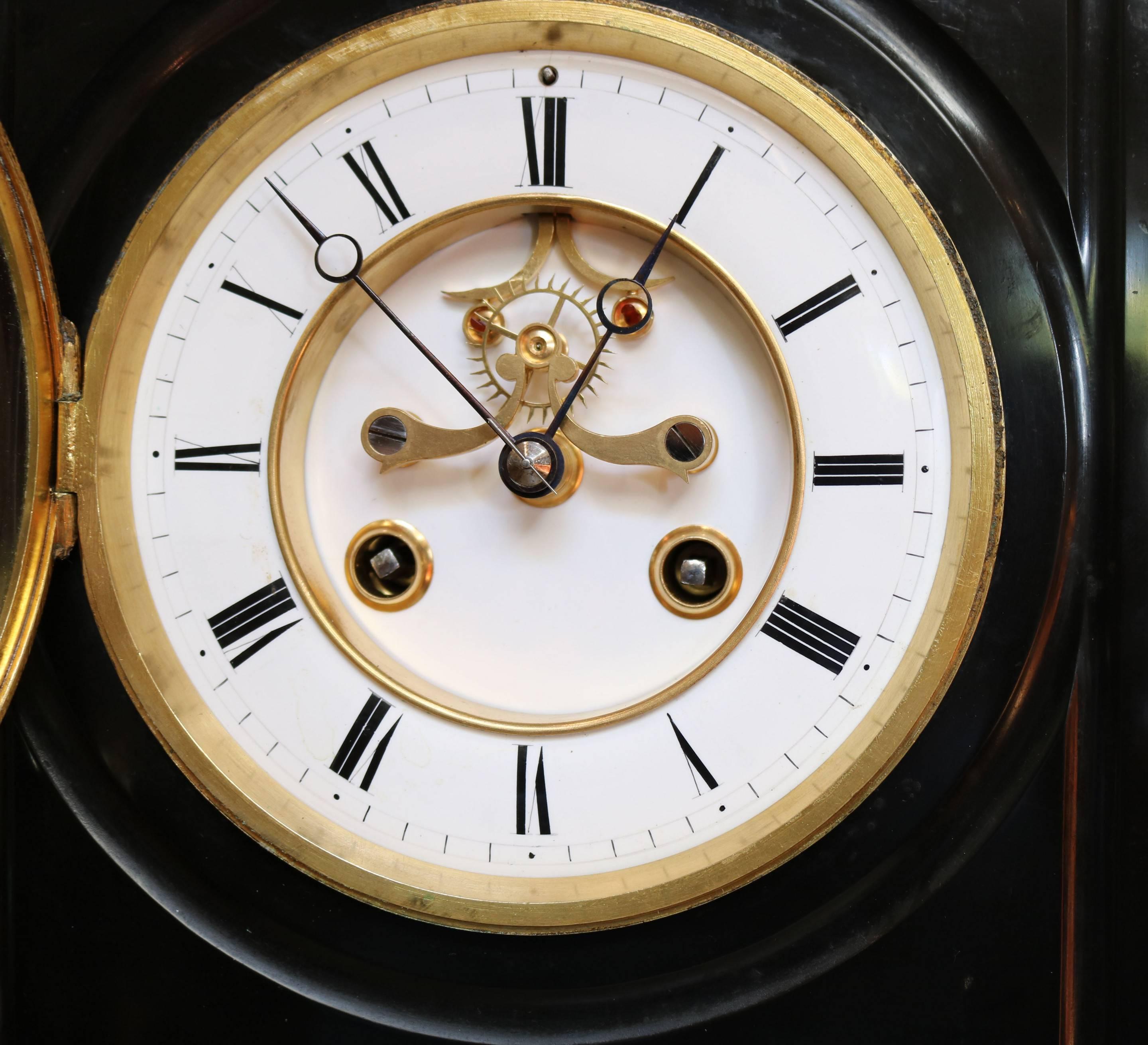 French Mid-19th Century Polished Slate Mantel Clock
