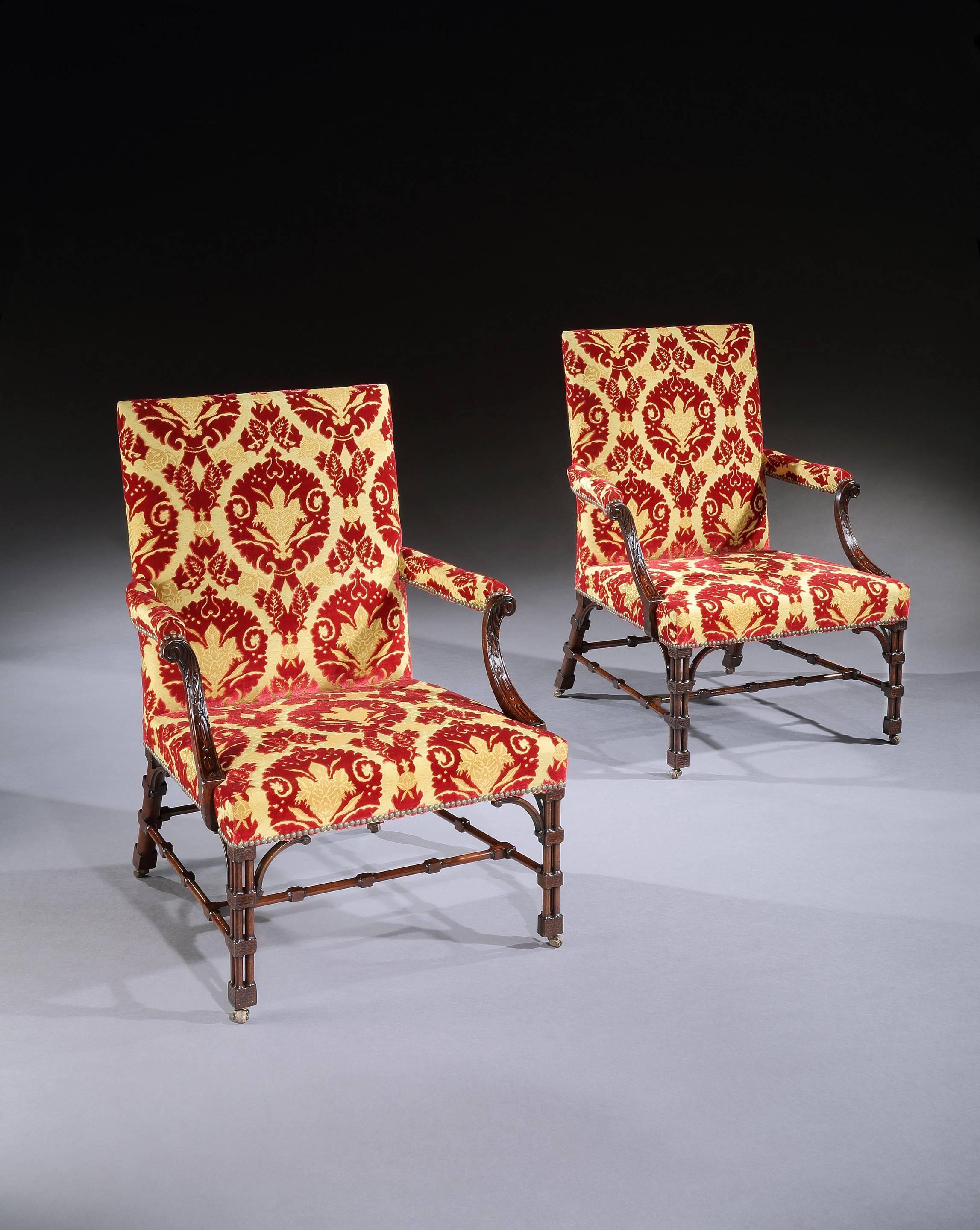 Two chairs retain a paper label inscribed ‘Earl Cowley’.

Cluster column legs are rarely found on library chairs and they give the overall design of these chairs a special lightness in appearance. Gillows of Lancaster made ‘Chinese’ chairs from