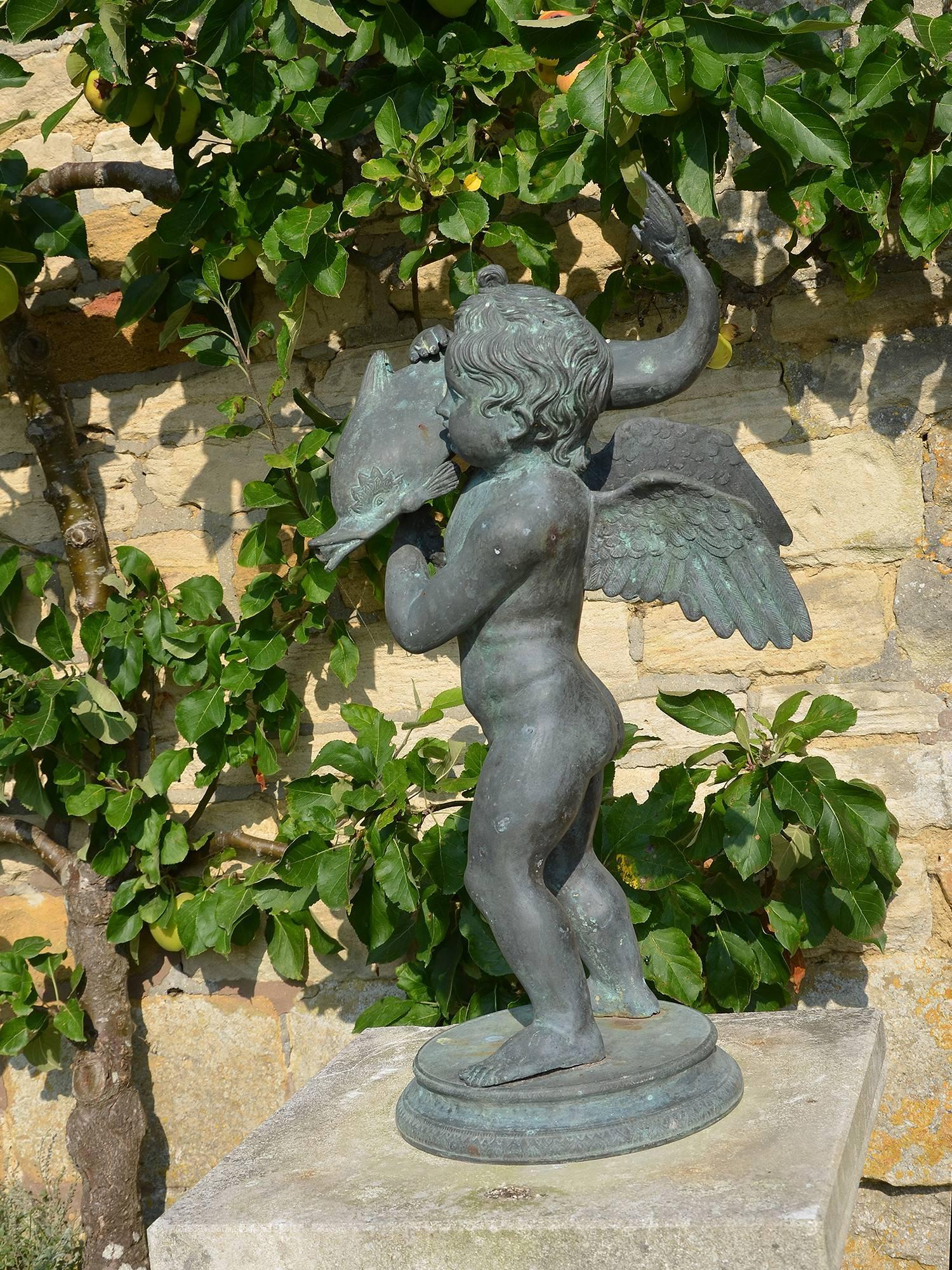 Bronze Neapolitan Fountain Group of the Amorino with Dolphin In Good Condition In Gloucestershire, GB