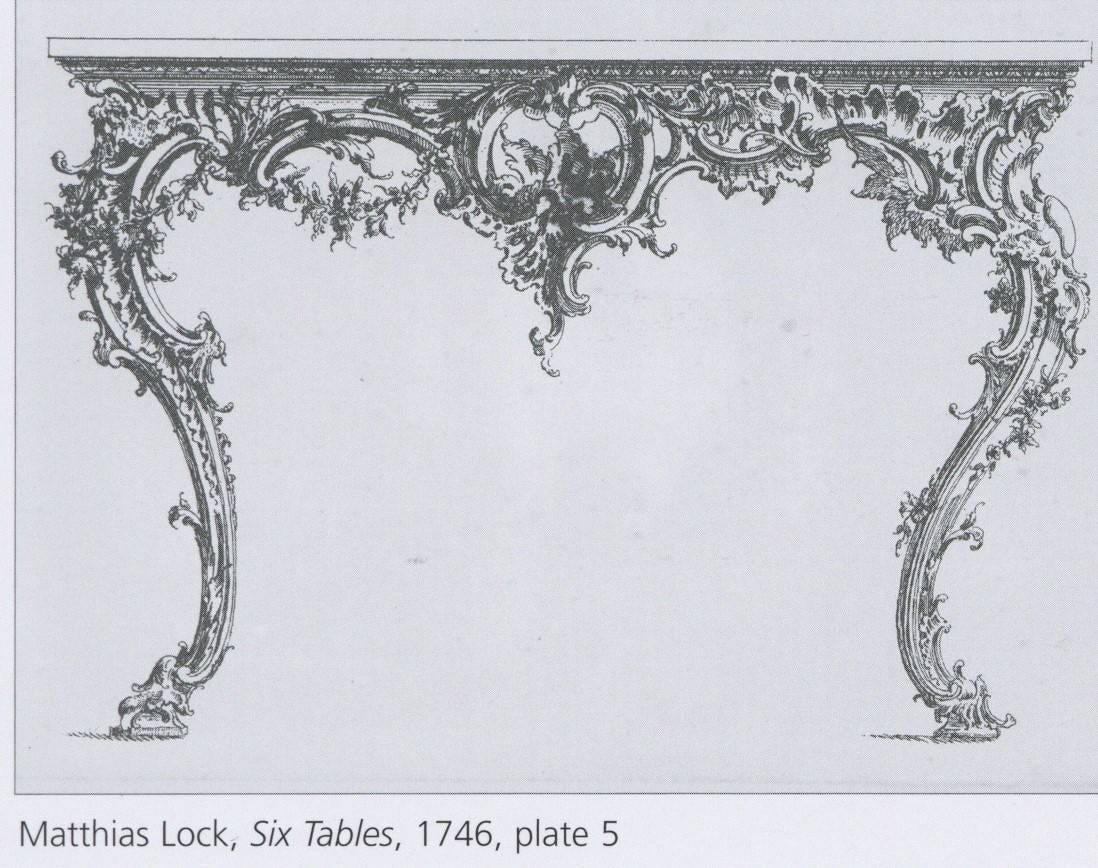 The drawing for this most important and imposing table was first published by Matthias Lock in 1746. The unusual jasper top is original. (4430swc/50).

A very similar table with slight differences in the carved apron, also retaining the original