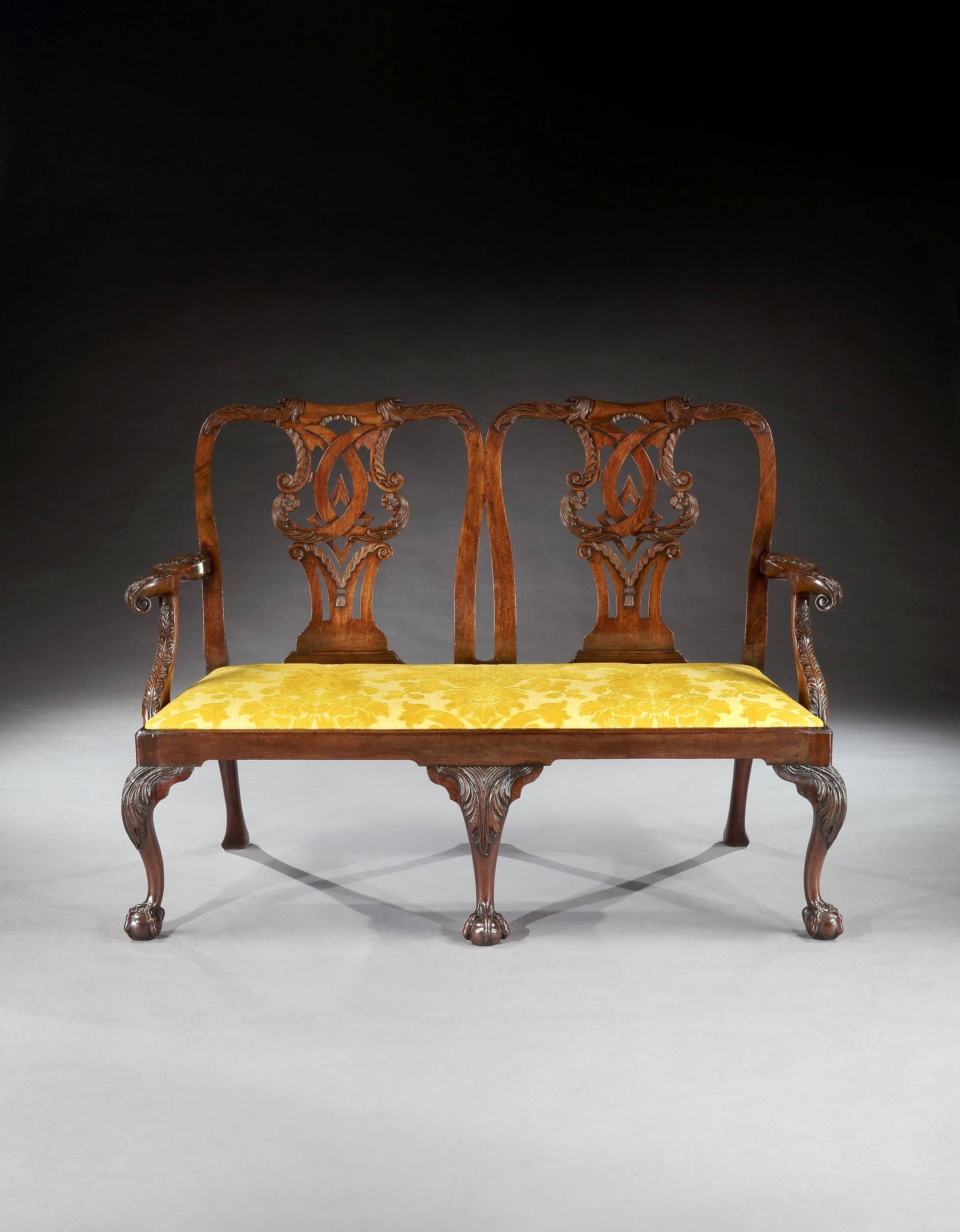 The center back leg of the settee is a restoration. 

The chairs:
Height: 39 in; 99 cm.
Height of seat: 18½ in; 47 cm.
Width: 23 in; 58.5 cm.
Depth: 22 in; 56 cm. 

Price: £100,000 + 

The settee: 
Height: 41½ in; 105.5 cm. 
Height of