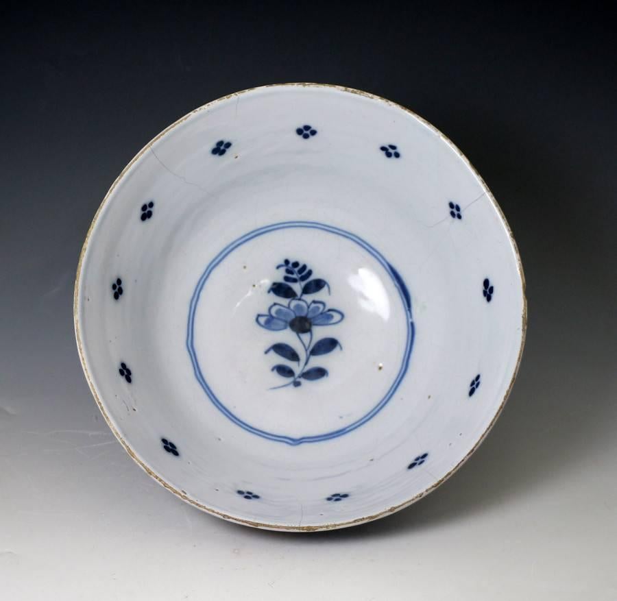 A London delftware pottery bowl of good size with a double scroll Buddhist motif symbolizing ruyi 
