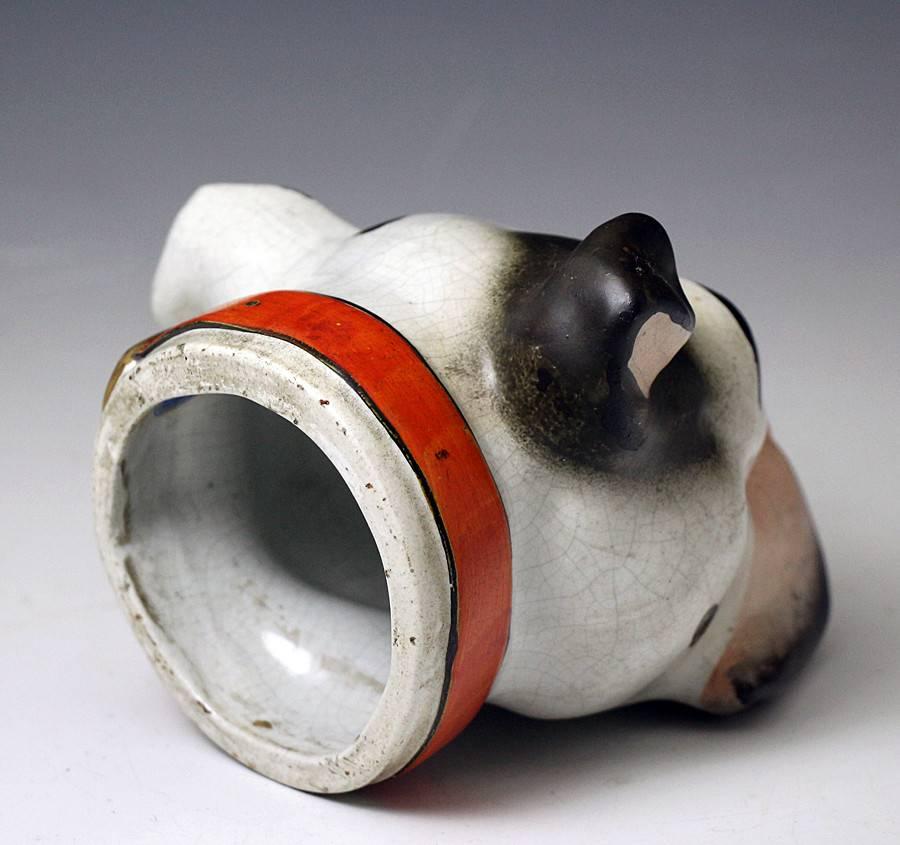 English Antique Staffordshire Pearl Ware Bull Terrier Stirrup Cup, circa 1820