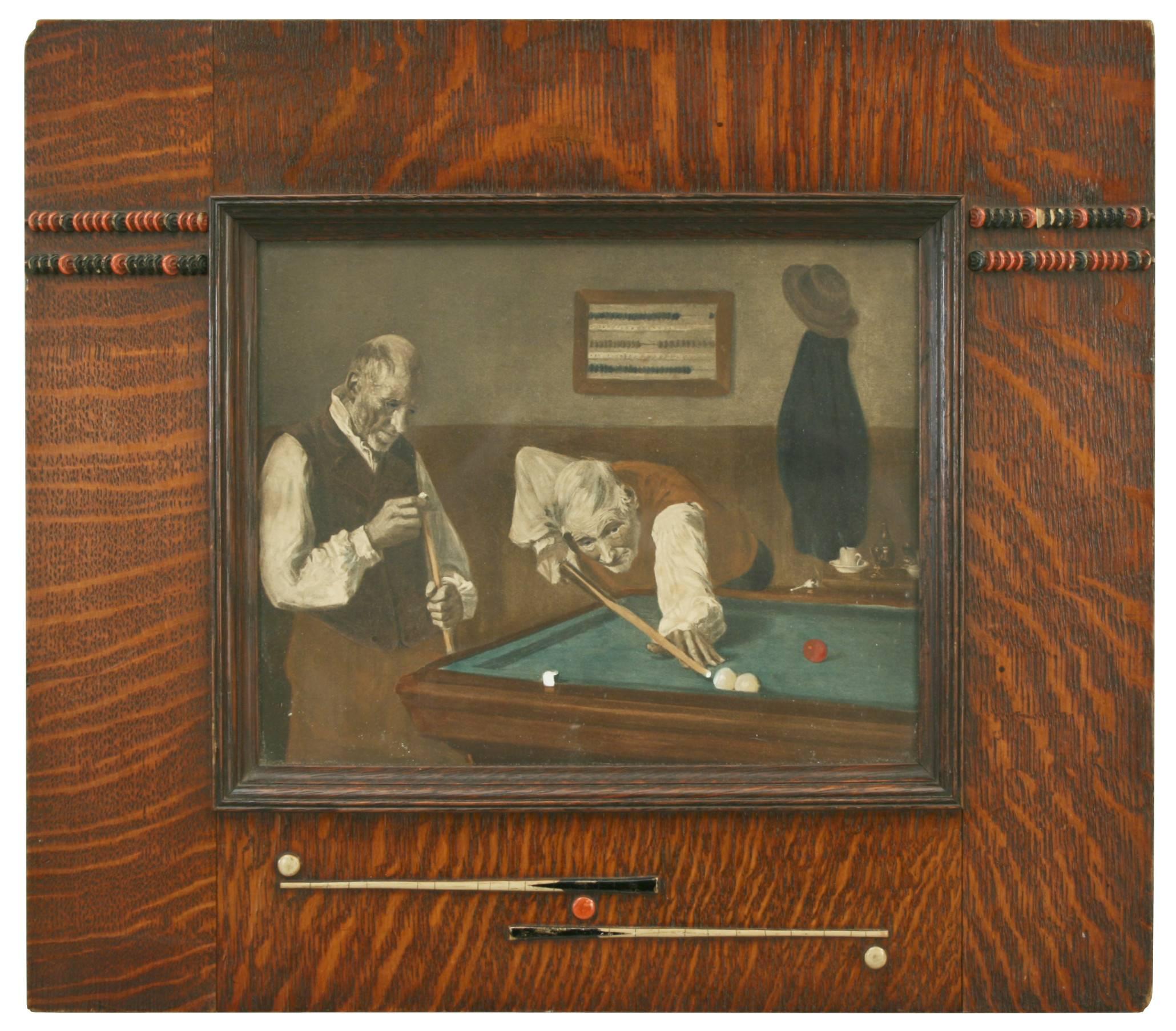 A rare billiard or snooker print. 
This wonderful image is an original hand colored photogravure in original frame. The oak frame is with applied decoration of score counters, balls and billiard cues. The image is of two gentlemen playing