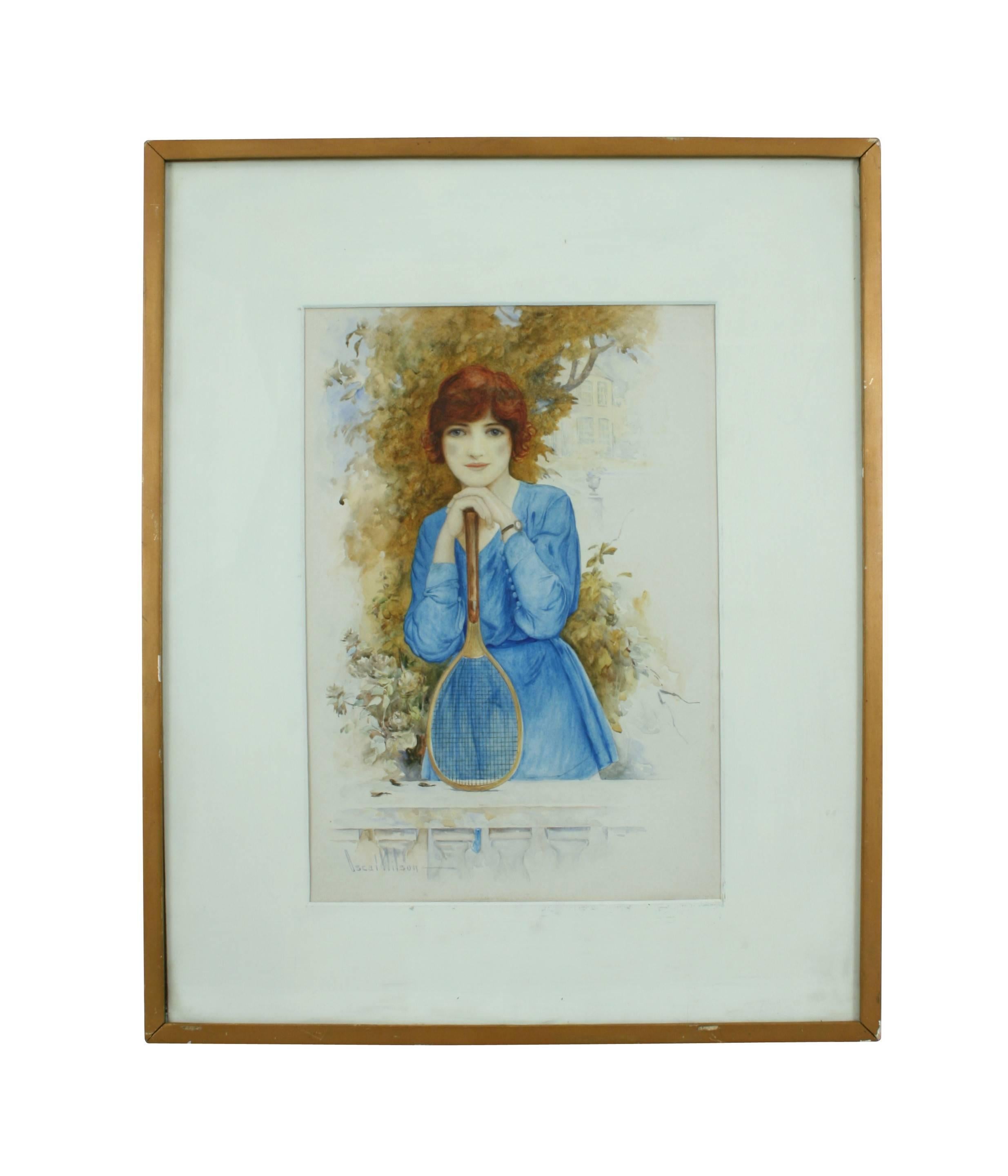 The tennis girl, painting in watercolor.
A fine, well-executed watercolor painting by Oscar Wilson (1867-1930),