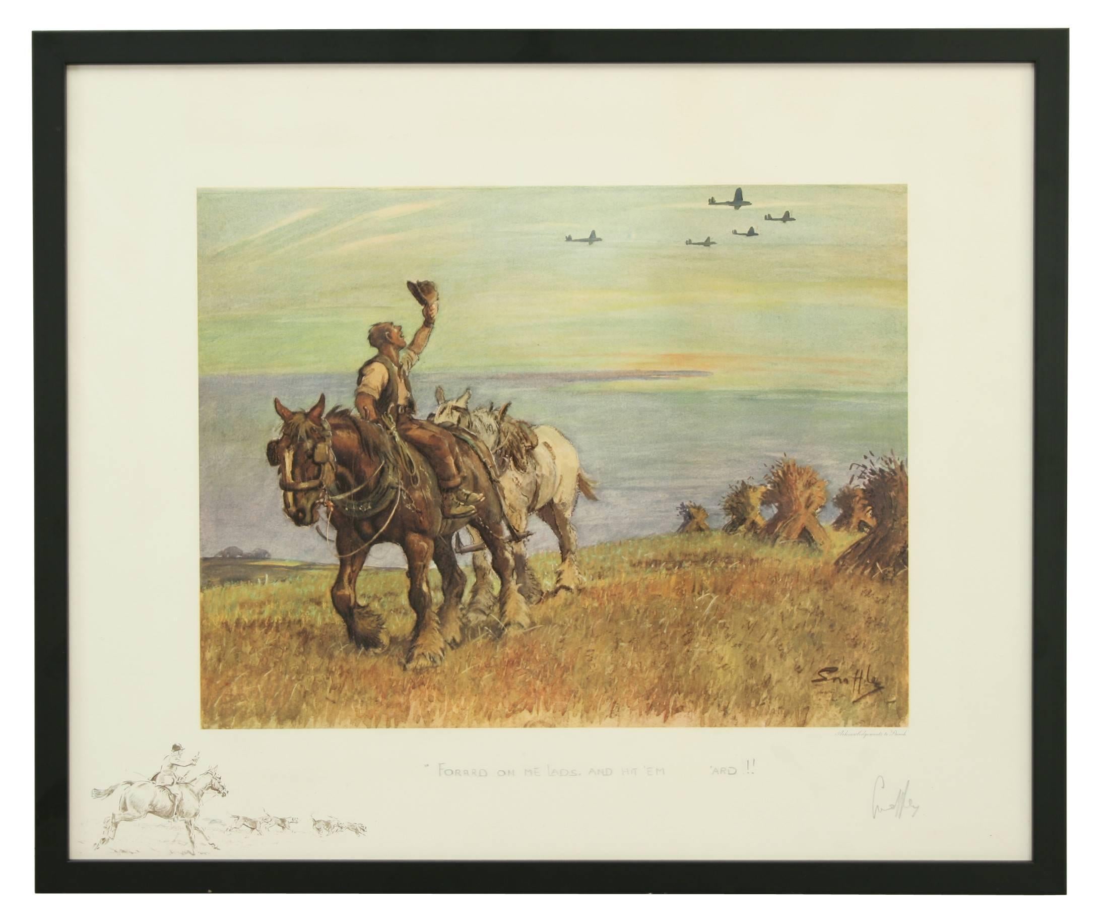 'Forrard on me Lads and hit 'em - ard!'.
WW II military print.
A coloured Snaffles lithograph entitled 'Forrard on me Lads and hit 'em - ard.!!' Showing a farmer in his field with his two horses, waving to a passing squadron of bombers. In the