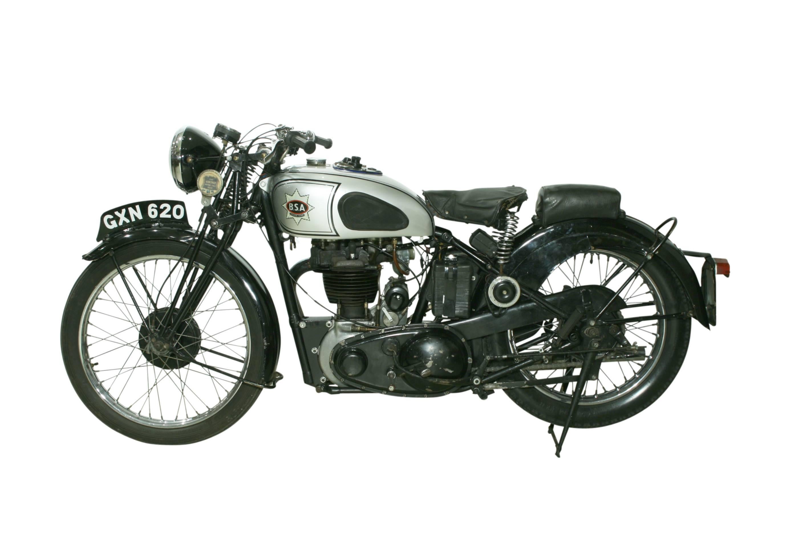 1939 BSA M23 Silver Star. 
A very good pre-war BSA Silver Star motorcycle. The bike is painted in black and silver, equipped with a solo and pillion saddle and a 500cc OHV single cylinder engine with a 4 speed gear box. It has its original