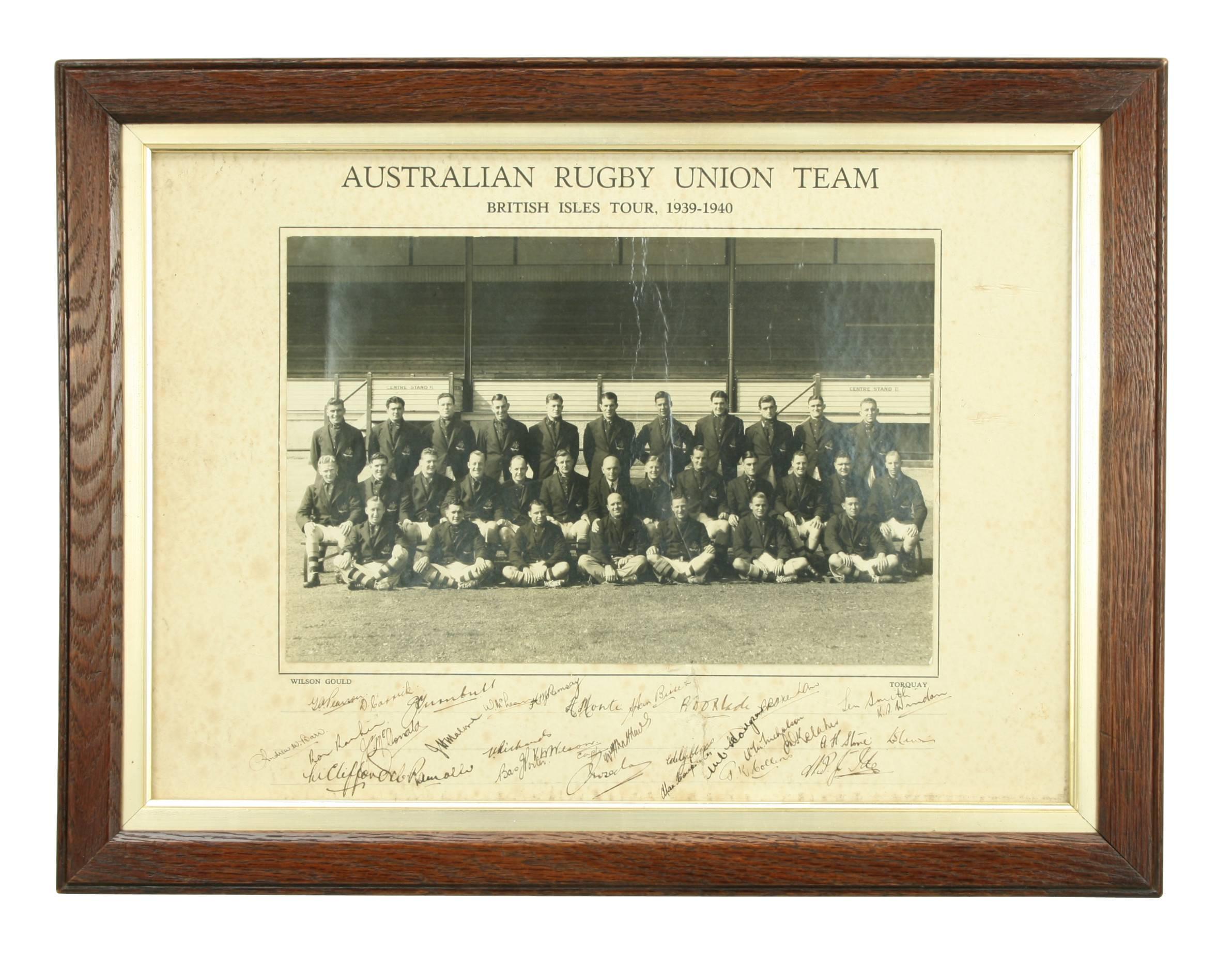Signed Australian Rugby Union Team 1939 - 1940 British Isles Tour. 
A good framed original Australian Rugby Union Team photo of the 1939 - 1940 British Isles tour team. The Australian national rugby union team is nicknamed the Wallabies and this