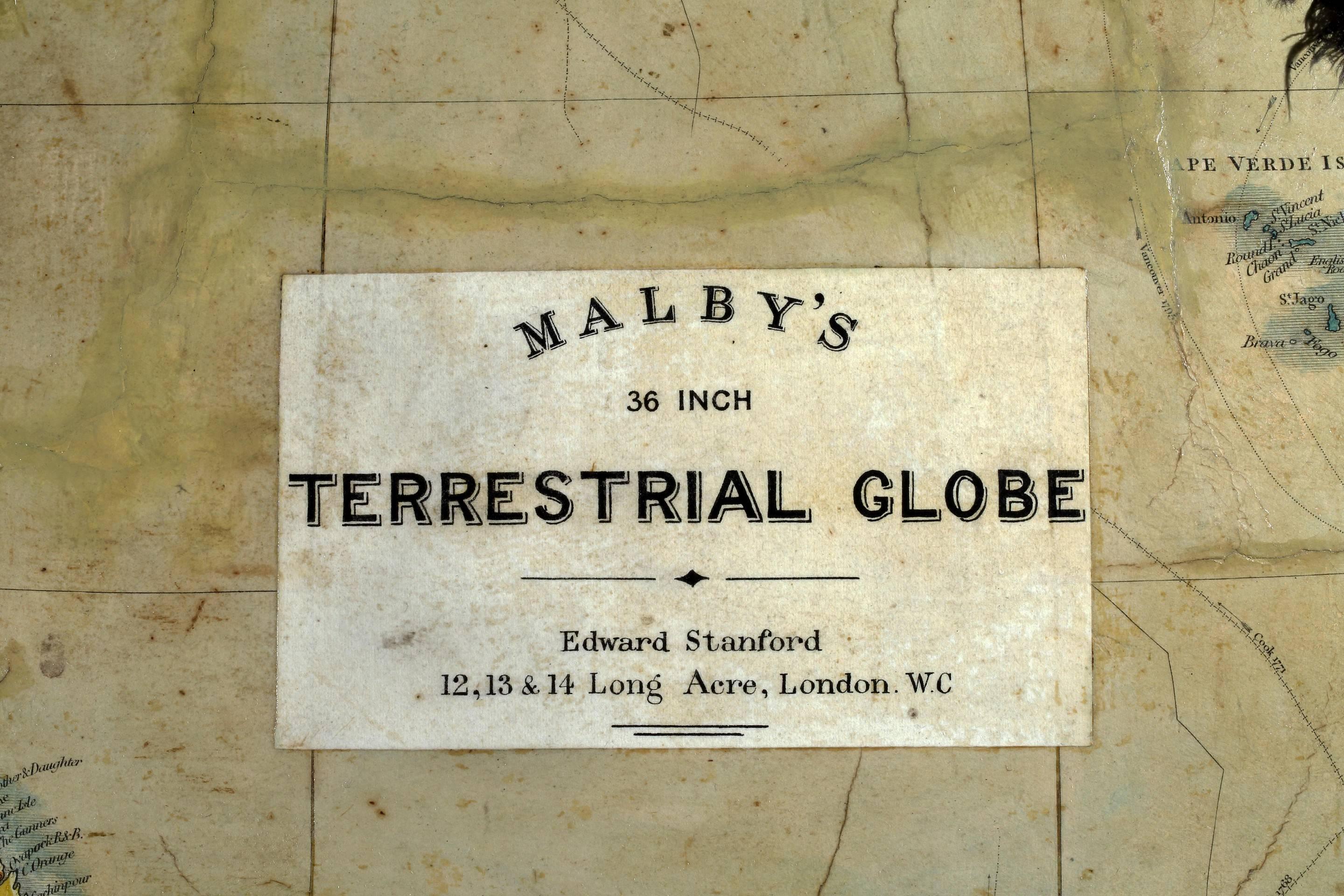 A highly important and rare mid-19th century 36-inch terrestrial 'colossus' globe by Thomas Malby, consisting of 24 hand colored engraved segments on a plaster coated sphere; within a circular mahogany stand with gadrooned edge above a nulled frieze