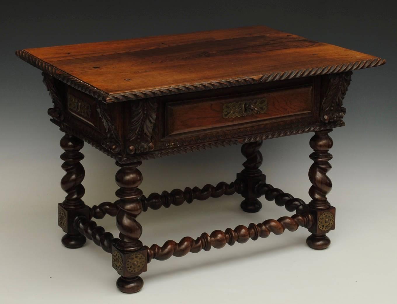 A charming and fine quality miniature rosewood table with well carved details and brass mounts, it even has the original key!
