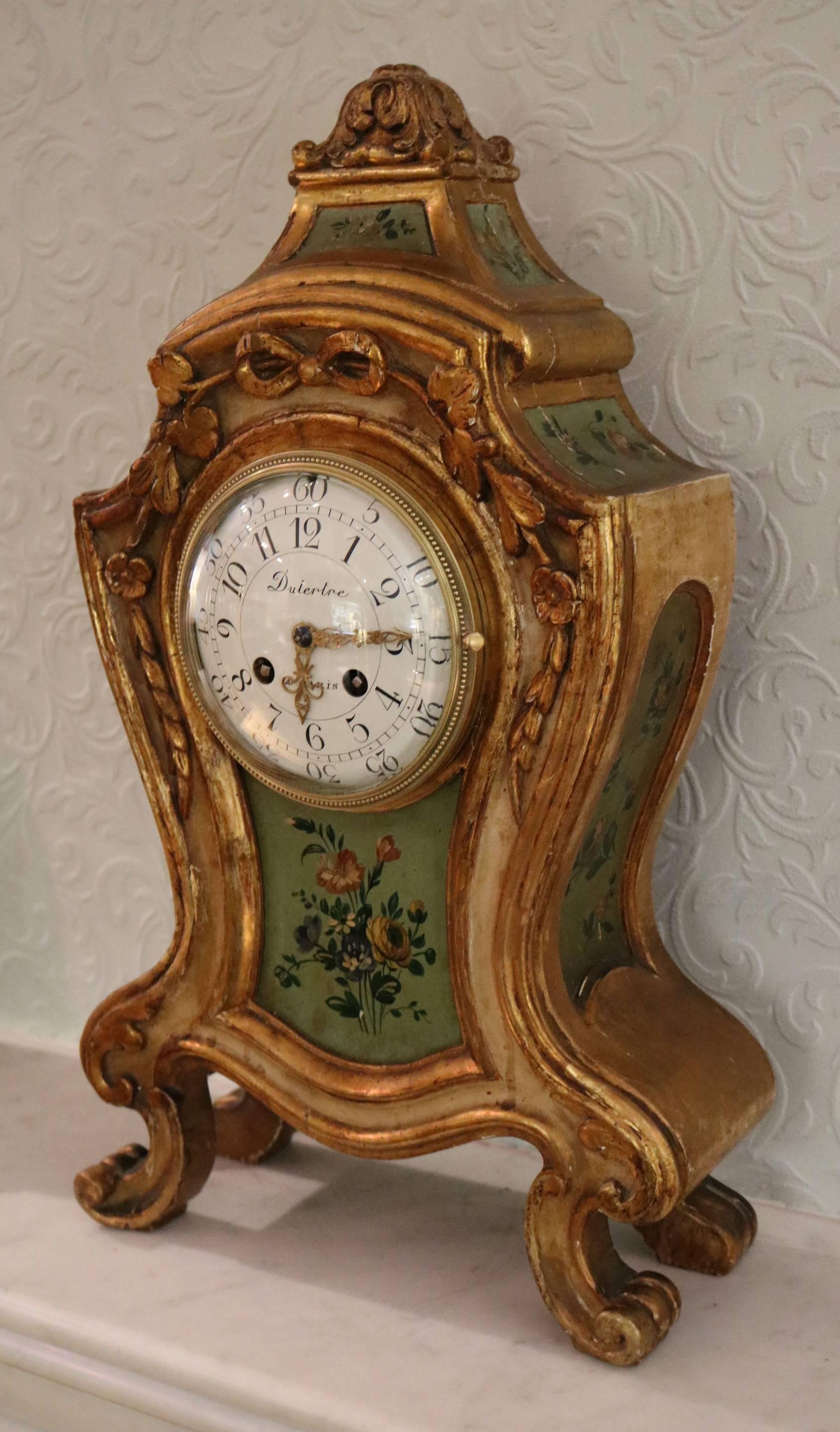 French Louis XV Style Carved Giltwood Mantel Clock For Sale