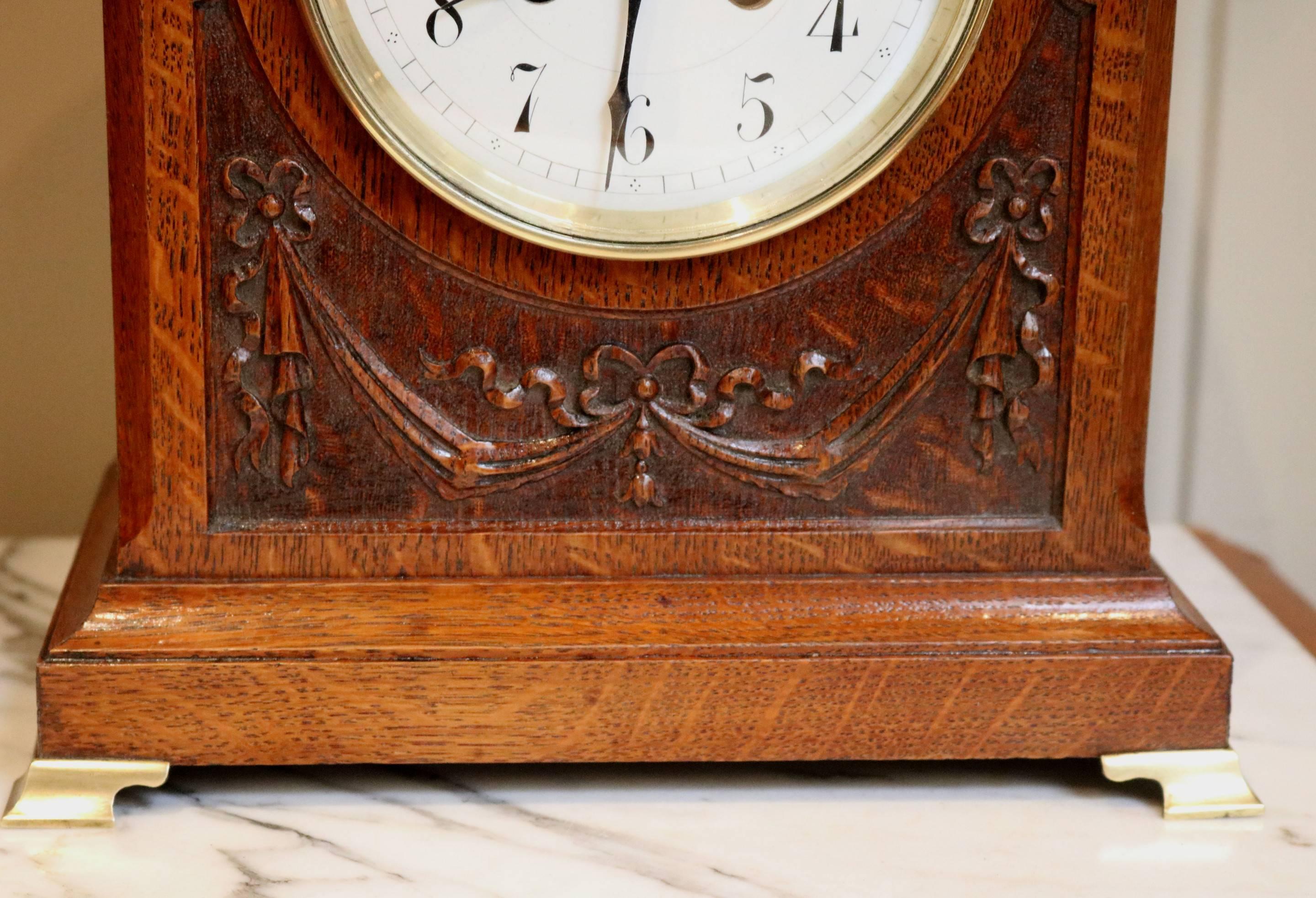 Edwardian Oak Mantel Clock For Sale 3