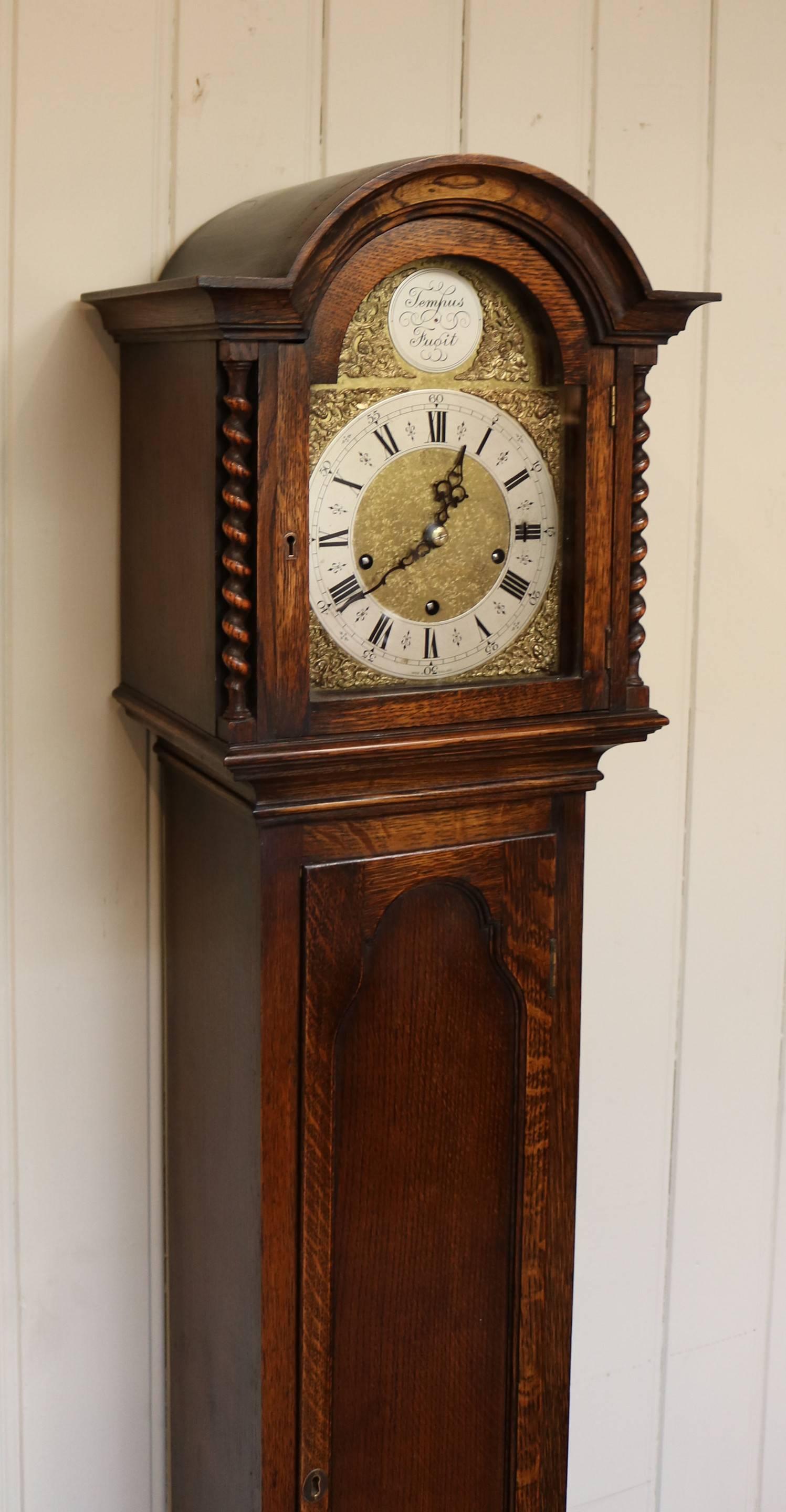 An English made solid oak Grandmother clock, (miniature longcase clock,) dating to the beginning of the 20th century. In the Jacobean style, it has a break arch hood with barley twist columns and a paneled long trunk door and base. The brass dial