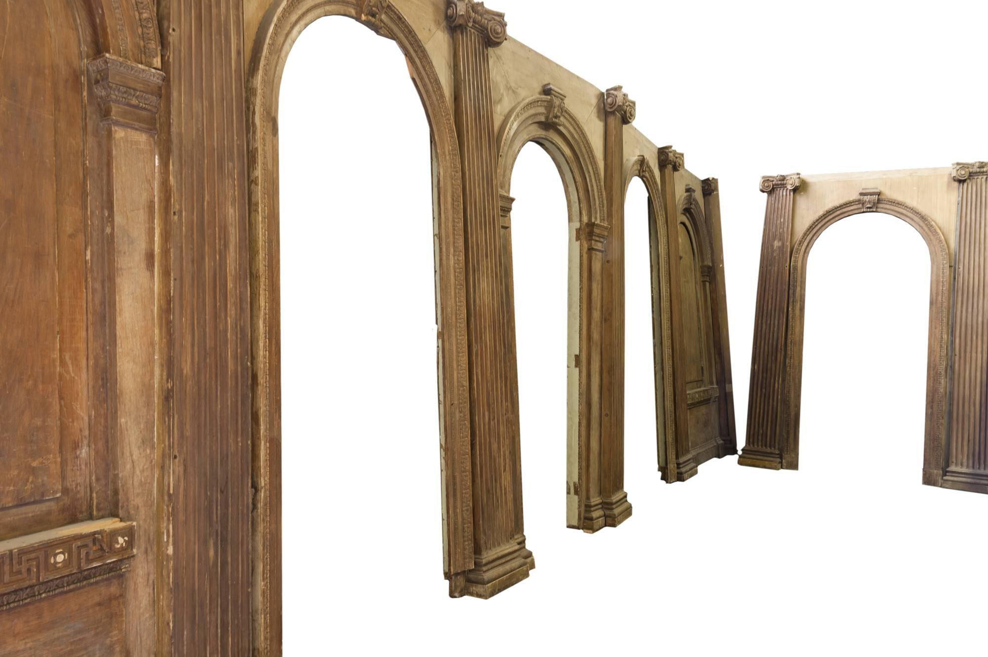 A fine 19th century carved pine ballroom by repute, came from a property on Park Lane, London. This unique run of panelling, approximately 84 running feet at 11 ft 9 ins tall, consists of 12 bays (either for mirror, infill, or window)flanked by
