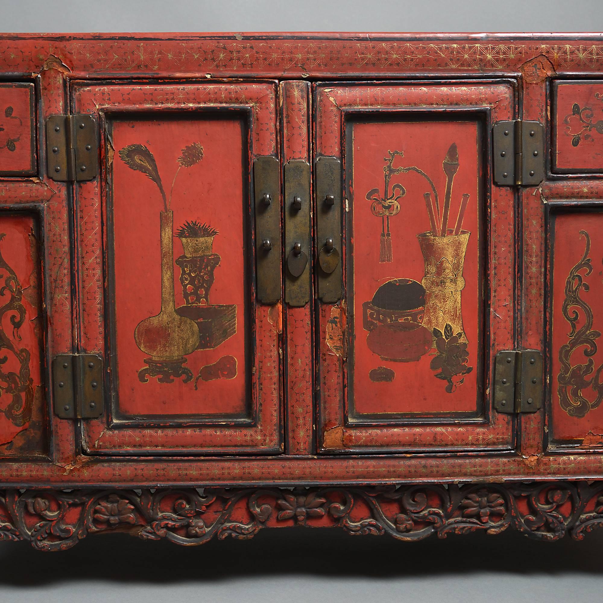 Chinese 19th Century Pair of Red Lacquer Low Cabinets