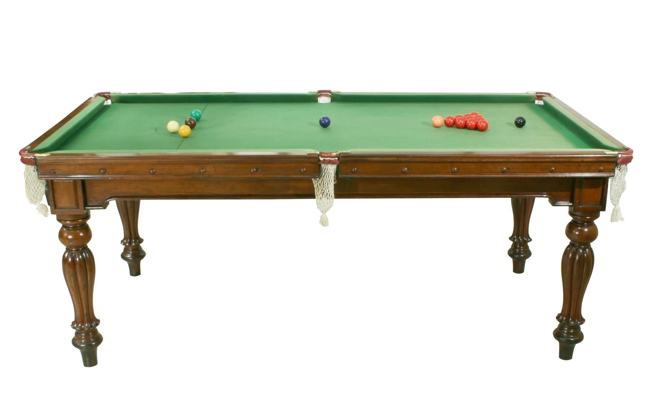 Snooker, billiard table. 
A late Victorian mahogany snooker, billiards table by Orme & Sons of Manchester. The table is with good colour and patination, a playing surface of slate covered in 100% English Wool napped cloth. The pockets are with