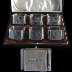 Set of Six Art Deco Silver Napkin Rings in Original Case