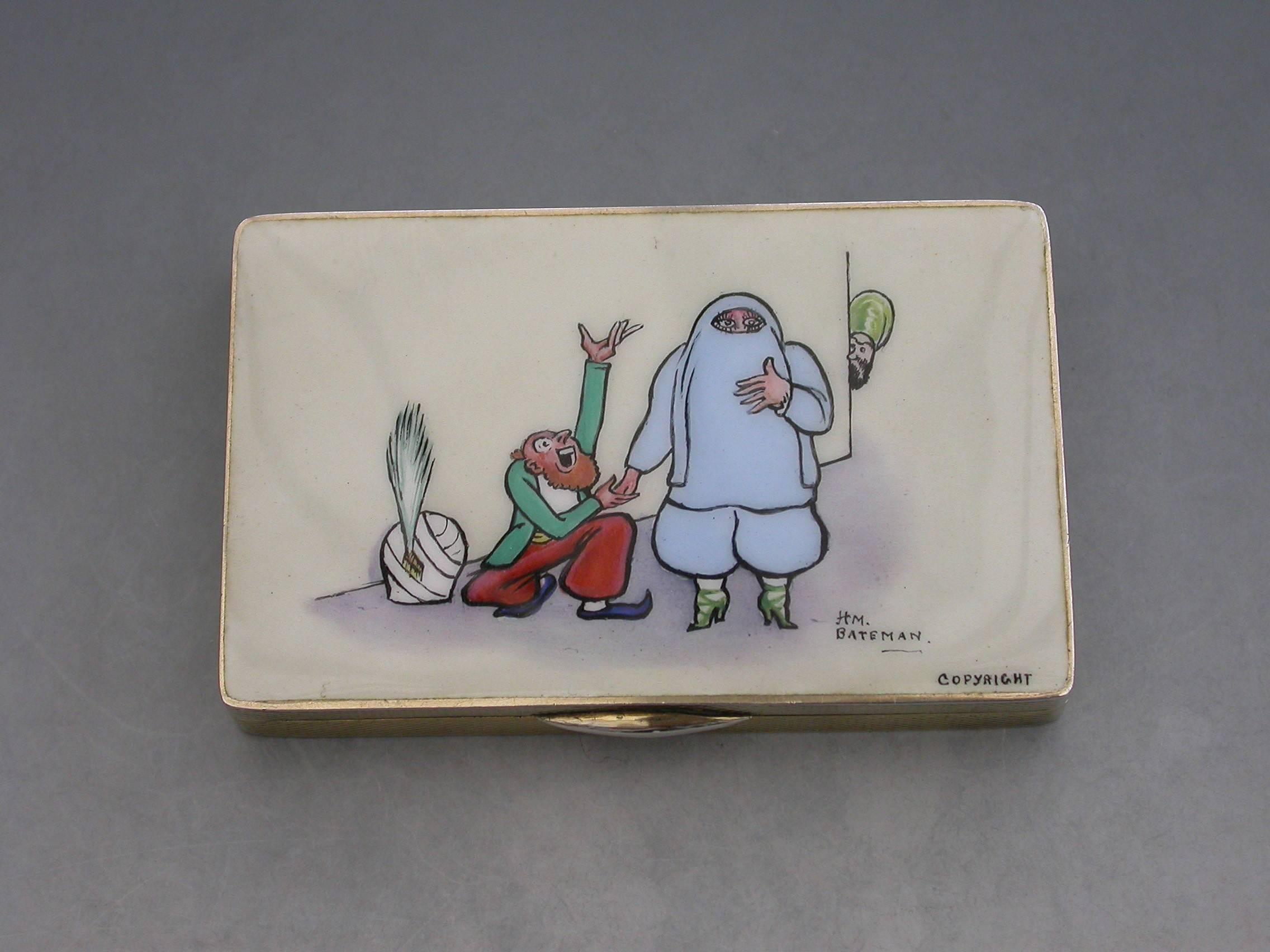 A rare early 20th century silver and enamel Snuff Box of rectangular form with engine turned base and sides, the lid inset with an enamel panel depicting a satirical cartoon by H M Bateman. Hinged lid and silver gilt interior. 

By H.C.Freeman,