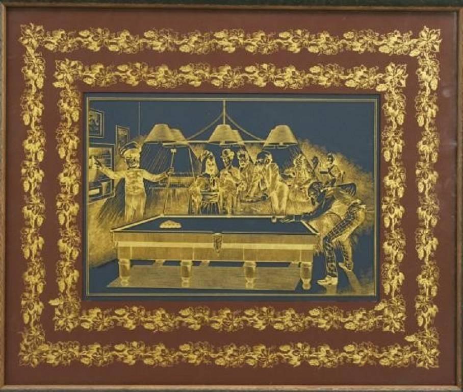 Late Victorian engraved glass panel depicting a game of snooker in progress. It is reputed the players are Queen Victoria, John Bull, Punch and Gladstone with other political and military figures around the table. Signed Winterhoff Inv, London.