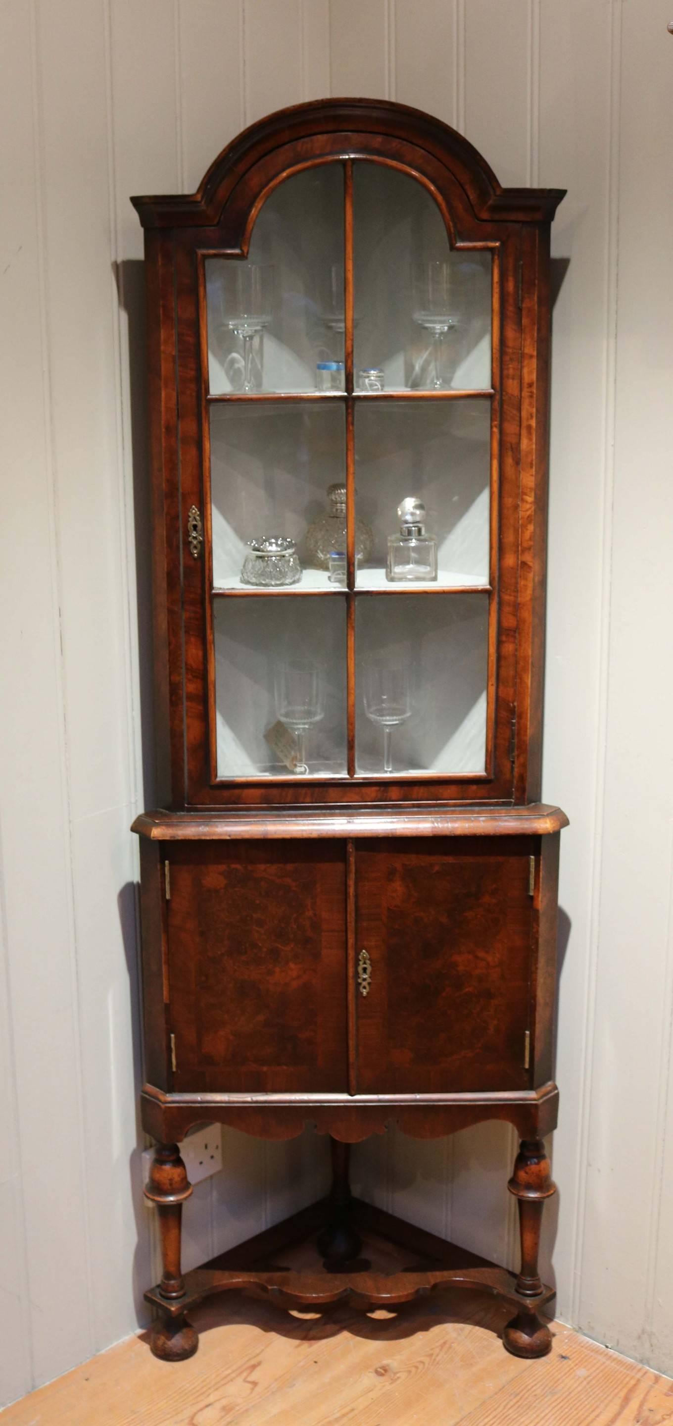 Good quality burr walnut corner display cabinet having a painted interior and a glazed arch top door with two fixed internal shelves above a cupboard base, raised on turned wooden legs united by an under stretcher.