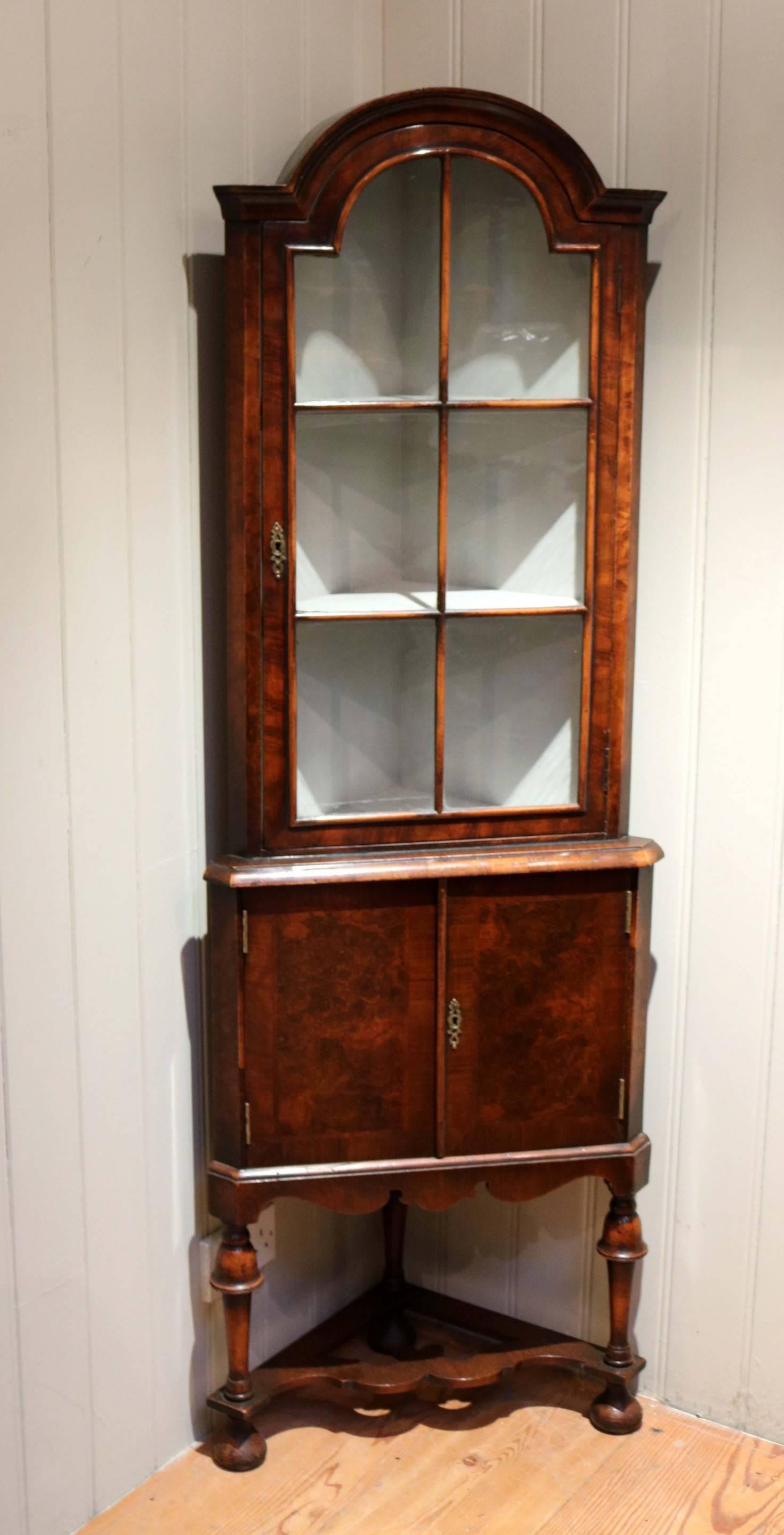 English Burr Walnut Corner Display Cabinet
