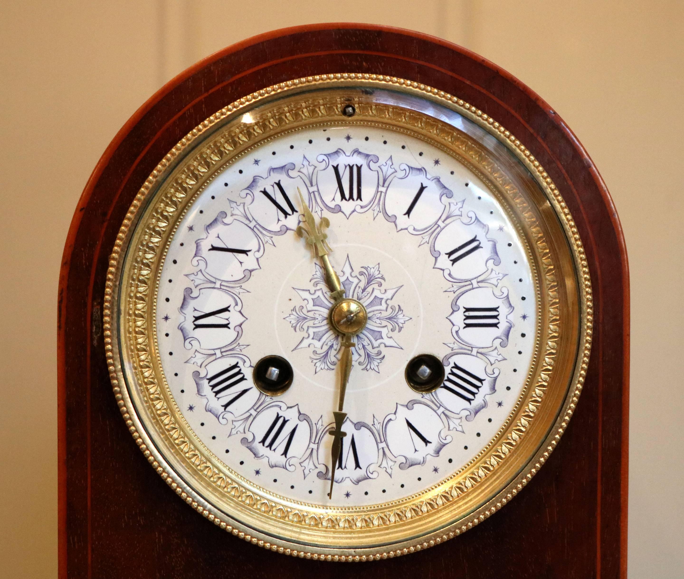 French Edwardian Mahogany and Inlay Striking Mantel Clock