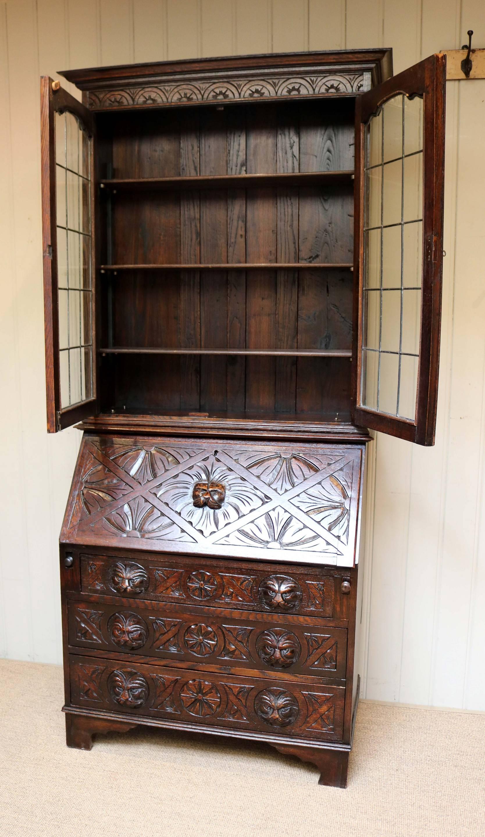 English Carved Oak Green Man Bureau Bookcase For Sale