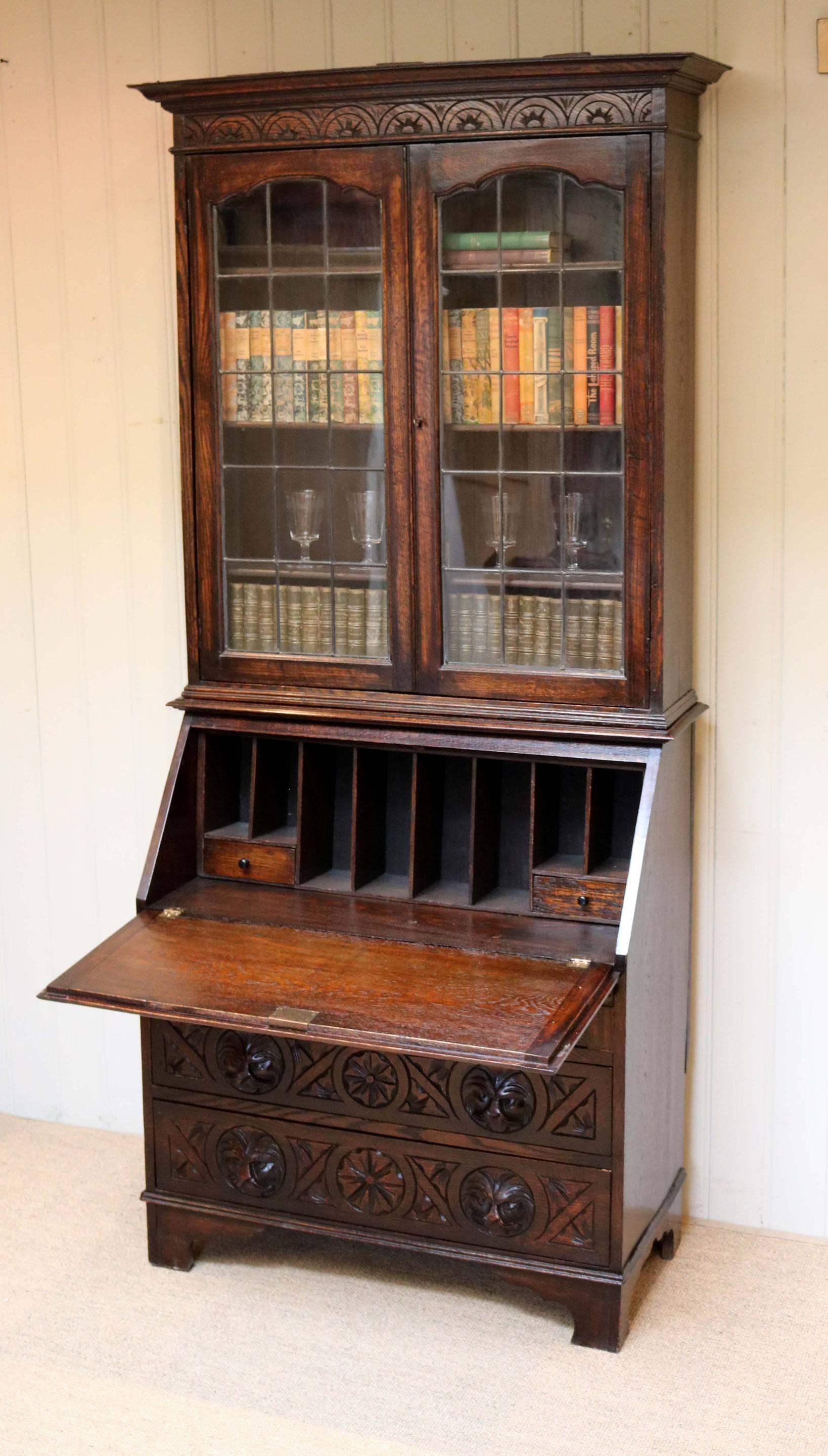 Carved Oak Green Man Bureau Bookcase In Good Condition For Sale In Buckinghamshire, GB