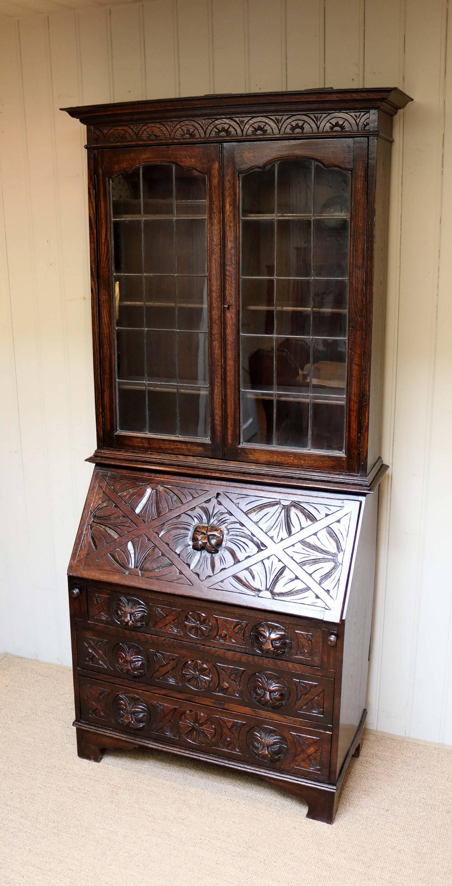 Carved Oak Green Man Bureau Bookcase For Sale 1