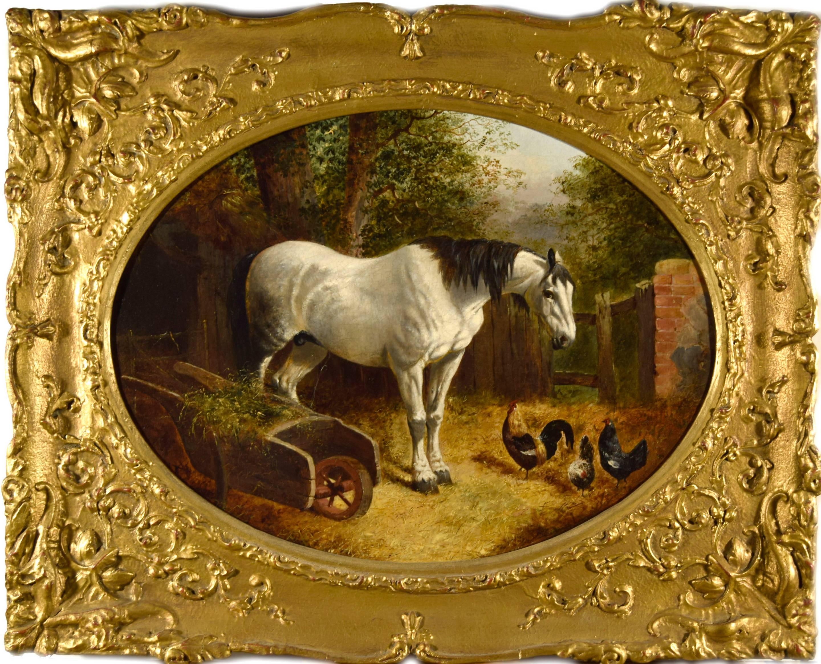 A signed oil painting by John Frederick Herring Junior of a grey horse in a farmyard with chickens. The farmyard scene is painted using oil on canvas. 

The oil painting of the farmyard is signed and the framed size and unframed sizes are below;