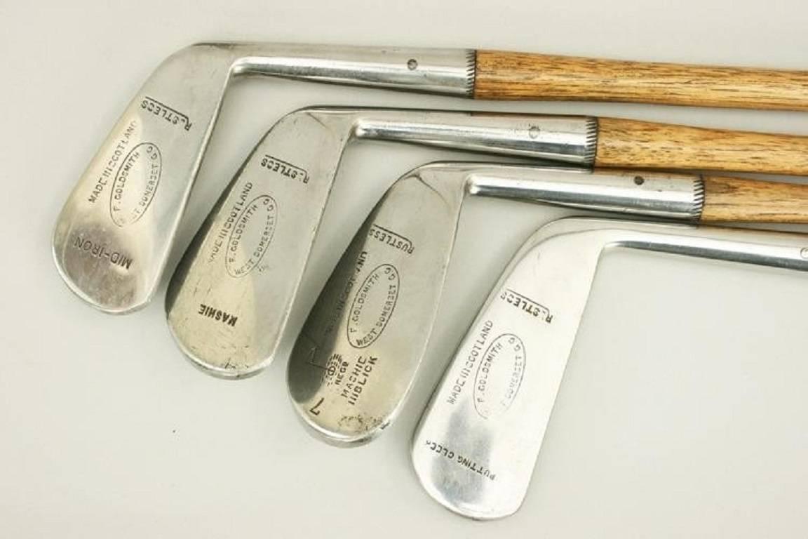 A good playable set of five hickory shafted golf clubs consisting of Brassie, Mid-Iron, Mashie, Mashie-Niblick and Putting Cleek. The clubs are in excellent original condition, the irons are by F. Goldsmith of West Somerset Golf Club, with the heads
