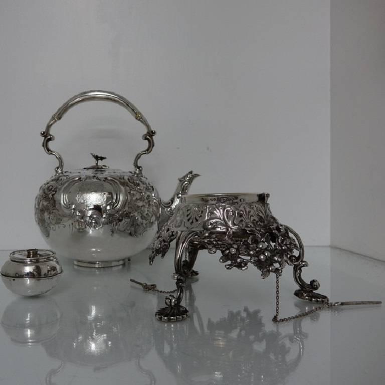 Antique Sterling Silver Victorian Tea Kettle London 1856 Robert Harper For Sale 2