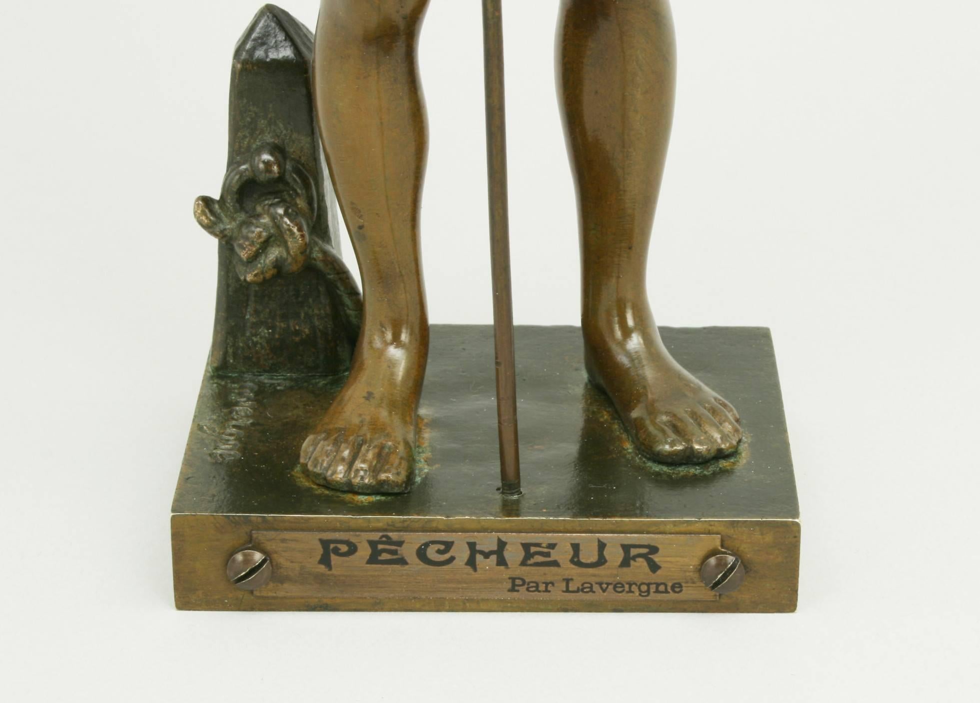 French Bronze Fishing Figure by Lavergne