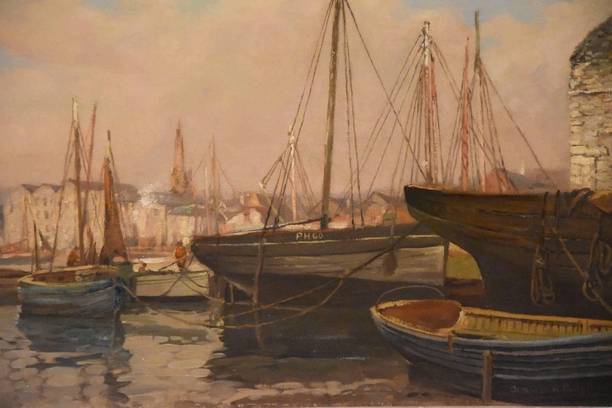 "Plymouth Harbour" by Donald Henry Floyd 1892-1965 was a Plymouth born painter who exhibited in London and Bristol. Oil on board. Signed. 

Dimensions unframed: 
height 14" x width 18" 

Dimensions framed: 
height 19"