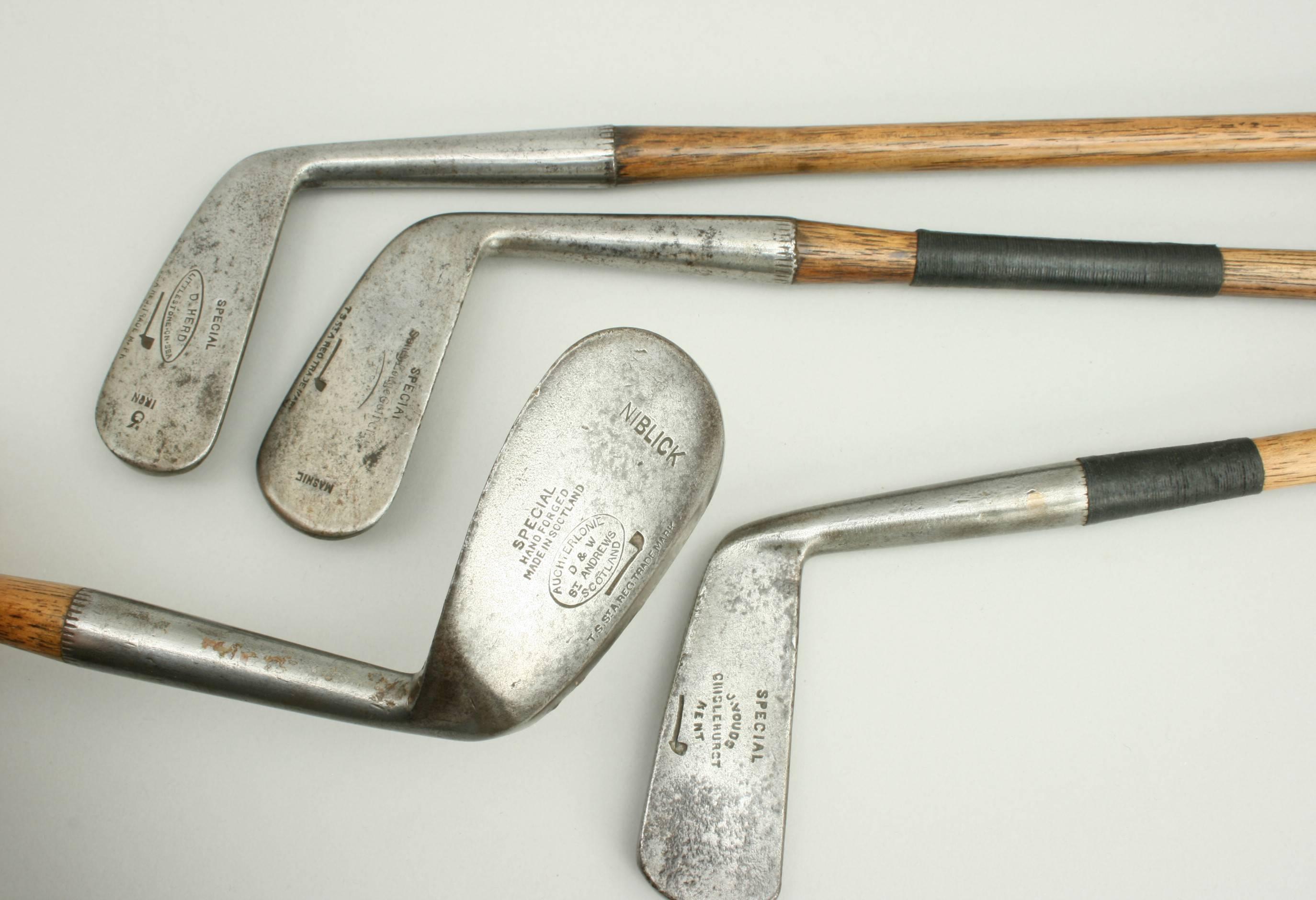 A good set of five matched hickory shafted golf clubs. The set comprises of a Brassie, No. 3 Iron, Mashie, Niblick and a Blade Putter. Each iron club head is with the 'PIPE' cleek mark of Tom Stewart with the phrase 'T.S.St.A.REG.TRADEMARK', the